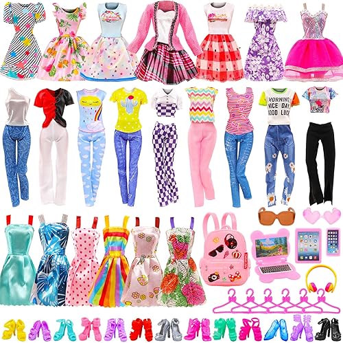 La ropa y accesorios de muñeca de 115 pulgadas incluye 5 atuendos tops y pantalones 5 vestidos 10 mini vestidos 10 zapatos 10 perchas y 7 accesorios