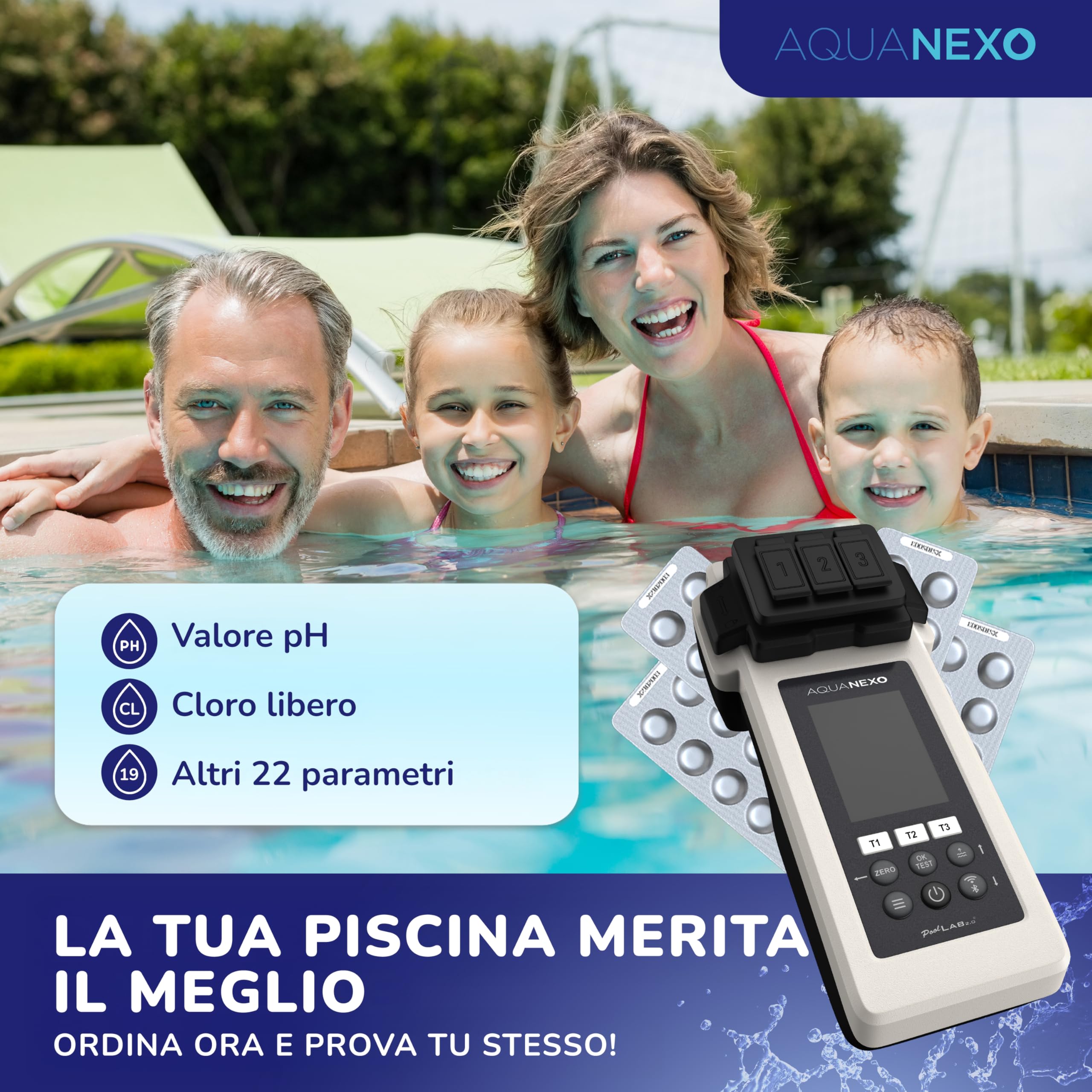 Poollab 2.0 con 240 compresse di prova, cloro e pH, tester per piscina, piscina per bambini, vasca idromassaggio