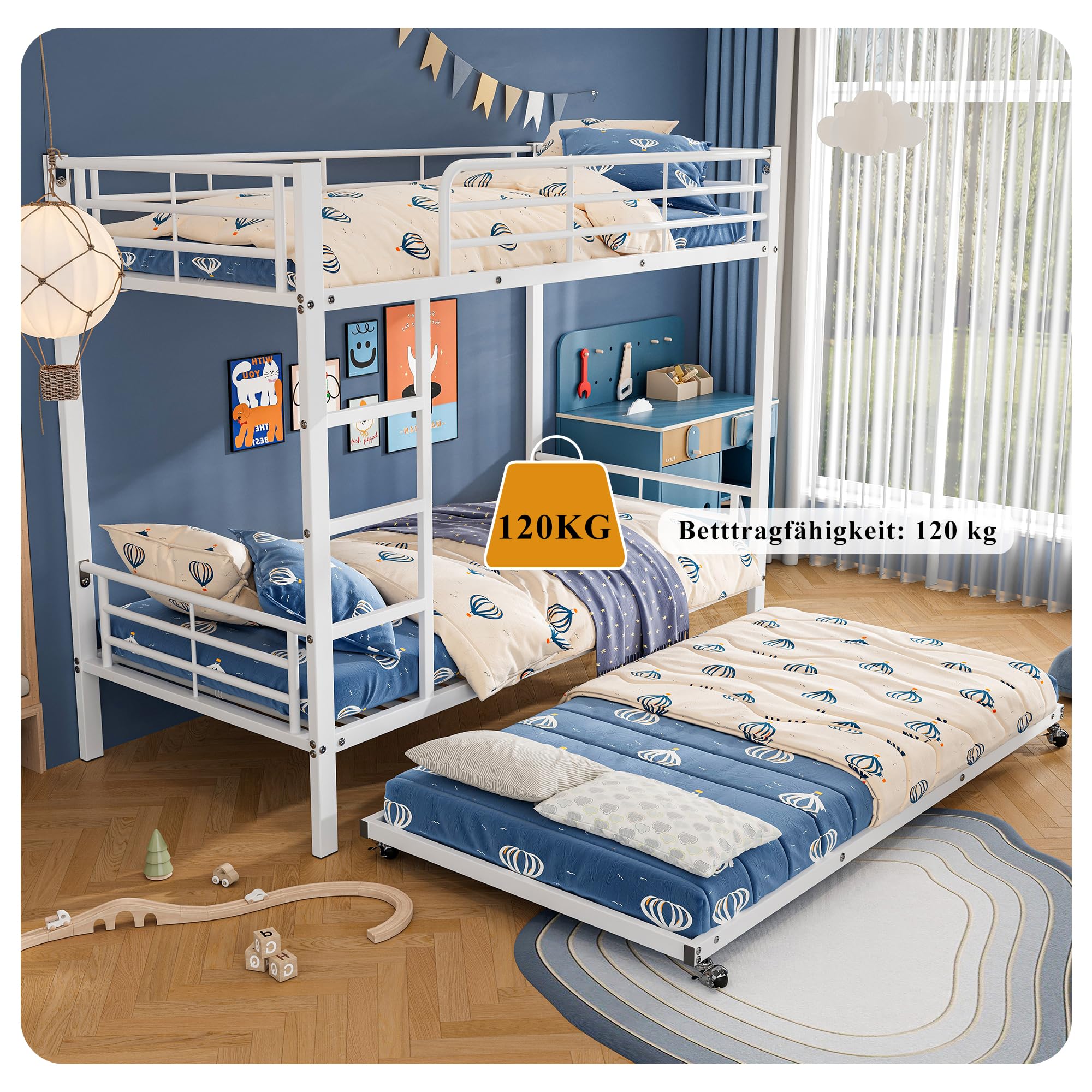 Moimhear Cama de hierro con litera, dimensiones 90x200 cm y 90x190 cm, adecuada para niños y adolescentes, con cama extraíble, cuatro rejillas laterales en la cama superior, blanco