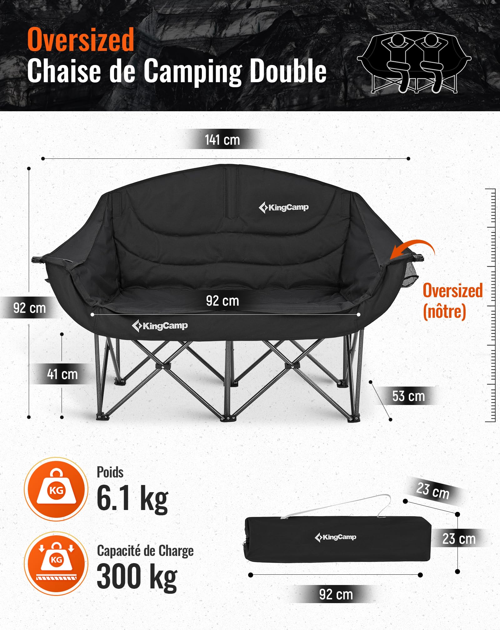 KingCamp XXL Chaise de Camping Pliante pour 2 Personnes, Jusqu'à 300 kg | Fauteuil de Camping Pliable Rembourrée, Porte-Gobelet, Porte-Verre à Vin, Dossier Haut, Canapé de Camping 1 2 & 3 Places