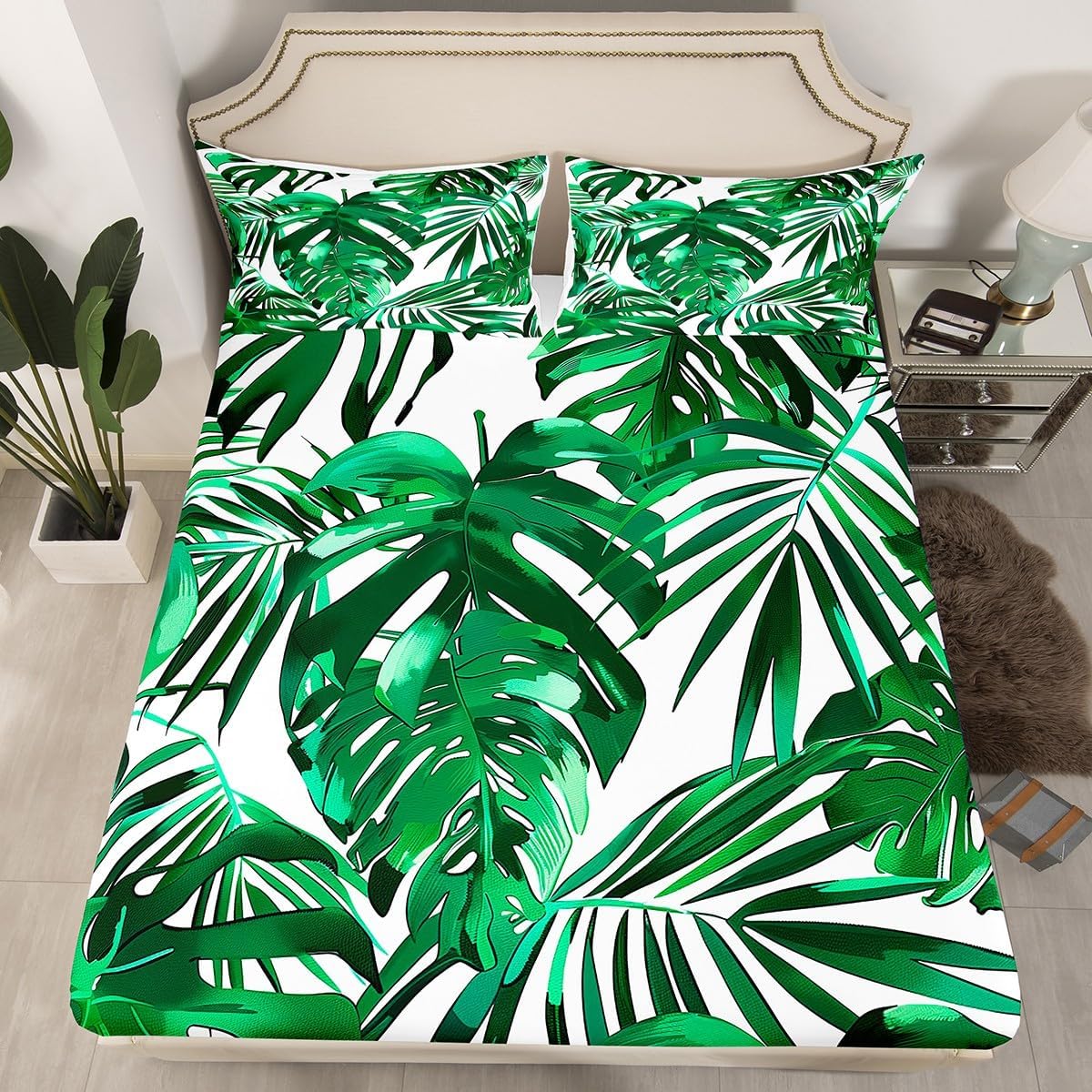 Erosebridal Palm Leaf Fitted Sheet, Banana Leaf Bedding Set, Tropical Leaf Bed Cover, Hawaii Green Plant Decor Sheet Set with Deep Pocket 1 Fitted Sheet with 1 Pillow Case TwinXL Size
