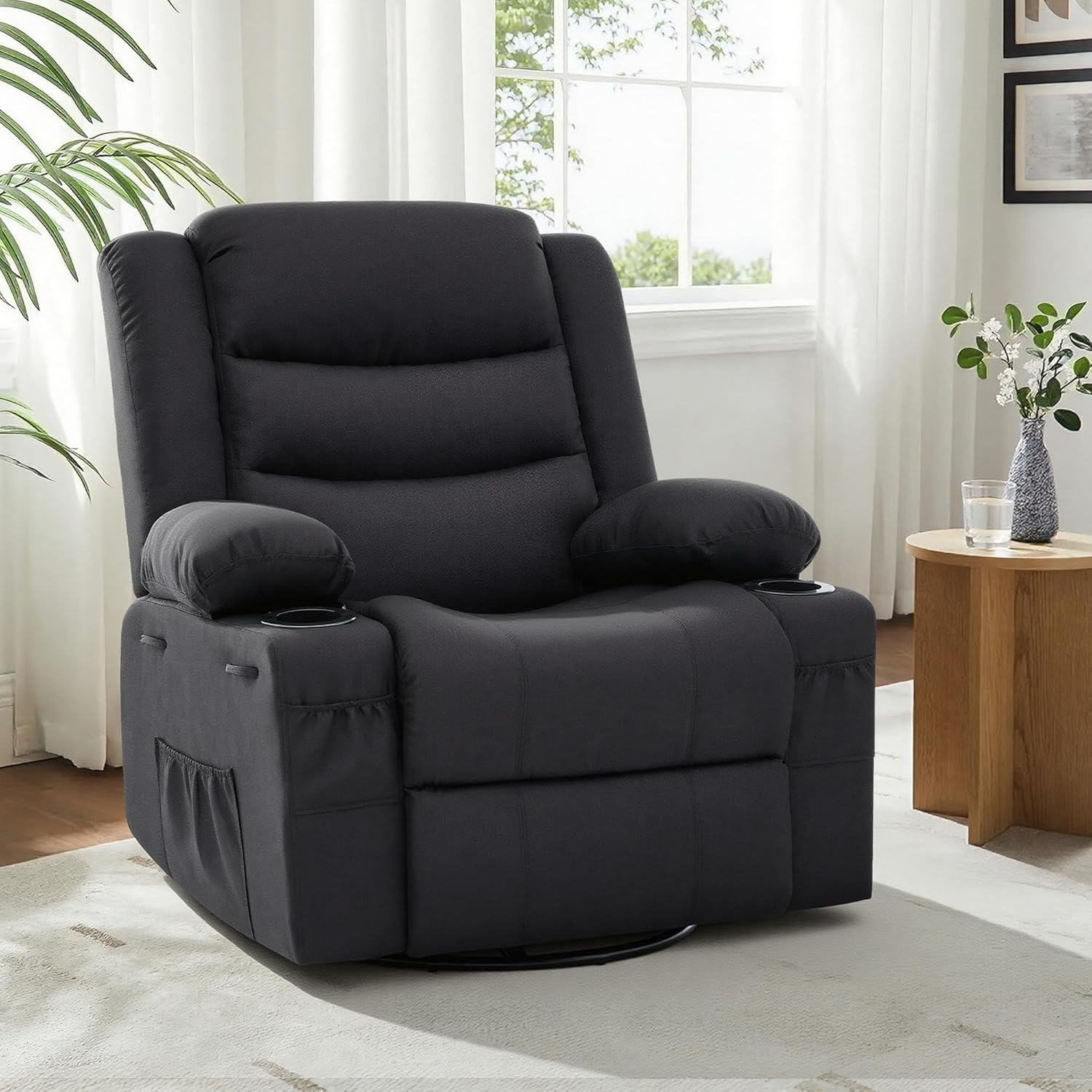 Rocker Recliner Chair,360° Swivel Recliner Chair for Adults,Oversized Single Sofa Seat with Cup Holders,Recliner Single Sofa with Side Pocket (Black)