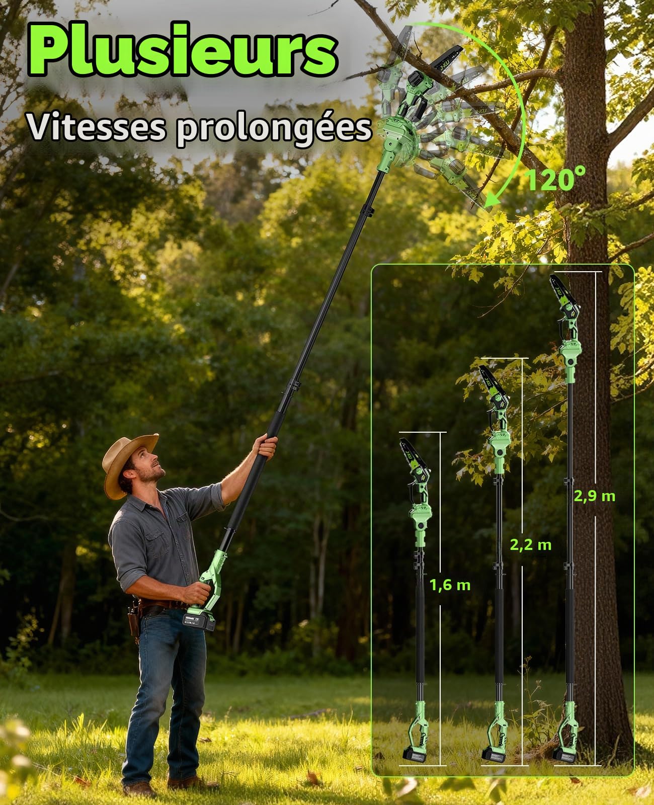 J-KU 2-en-1 Elagueuse sur Perche Electrique:6 Pouces Mini Tronconneuse avec 2 Batteries 4000 mAh, Moteur Brushless, Extension Jusqu'a 4,6M, Telescopique Tronçonneuse a Batterie pour Branches et Jardin