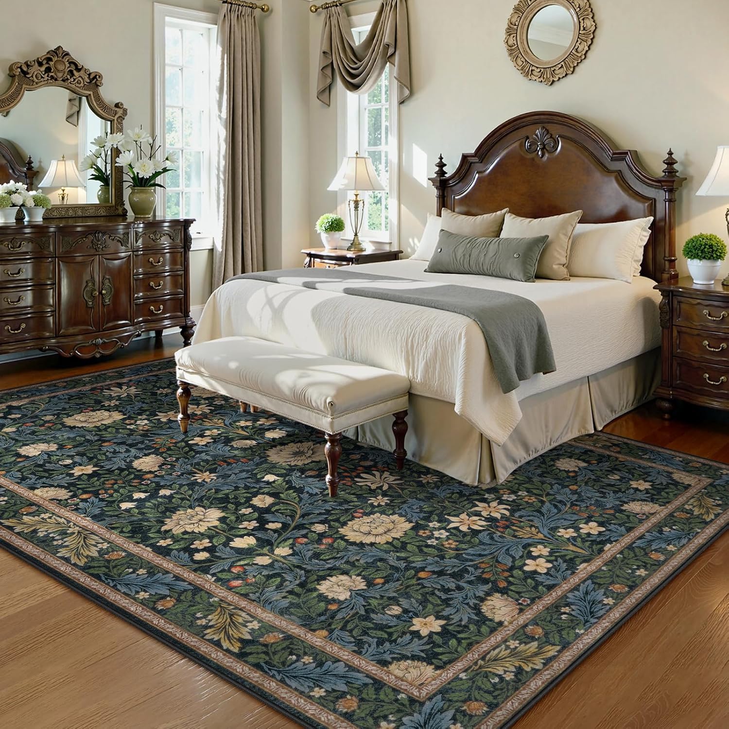 LIVEBOX Washable Boho Rugs, 8x10 Area Rug for Living Room, Floral Soft Large Boho Bedroom Rug, Botanical Non Slip Ultra Thin Floor Vintage Carpet for Dining Room Nursery Office, Dark Green/Black