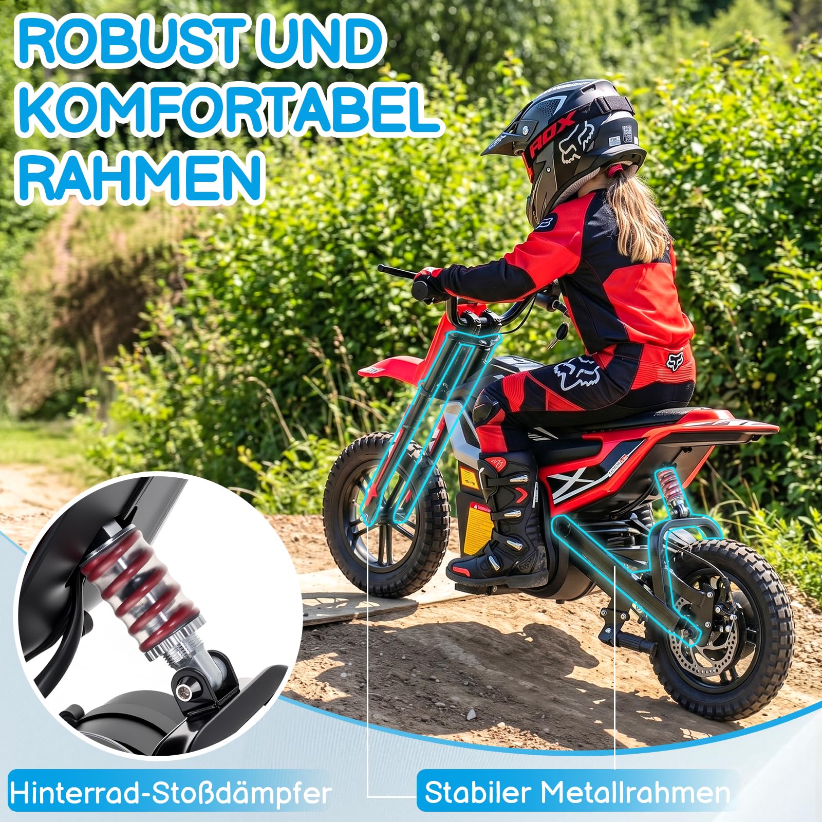 LALAHO 24V 7Ah Elektro Motorrad Kinder,Elektromotorrad Rot | Max 22,5 km/h,250W Kinderfahrzeug,Reichweite 19KM,12 Zoll Luftreifen,Moto Crossbike für Kinder