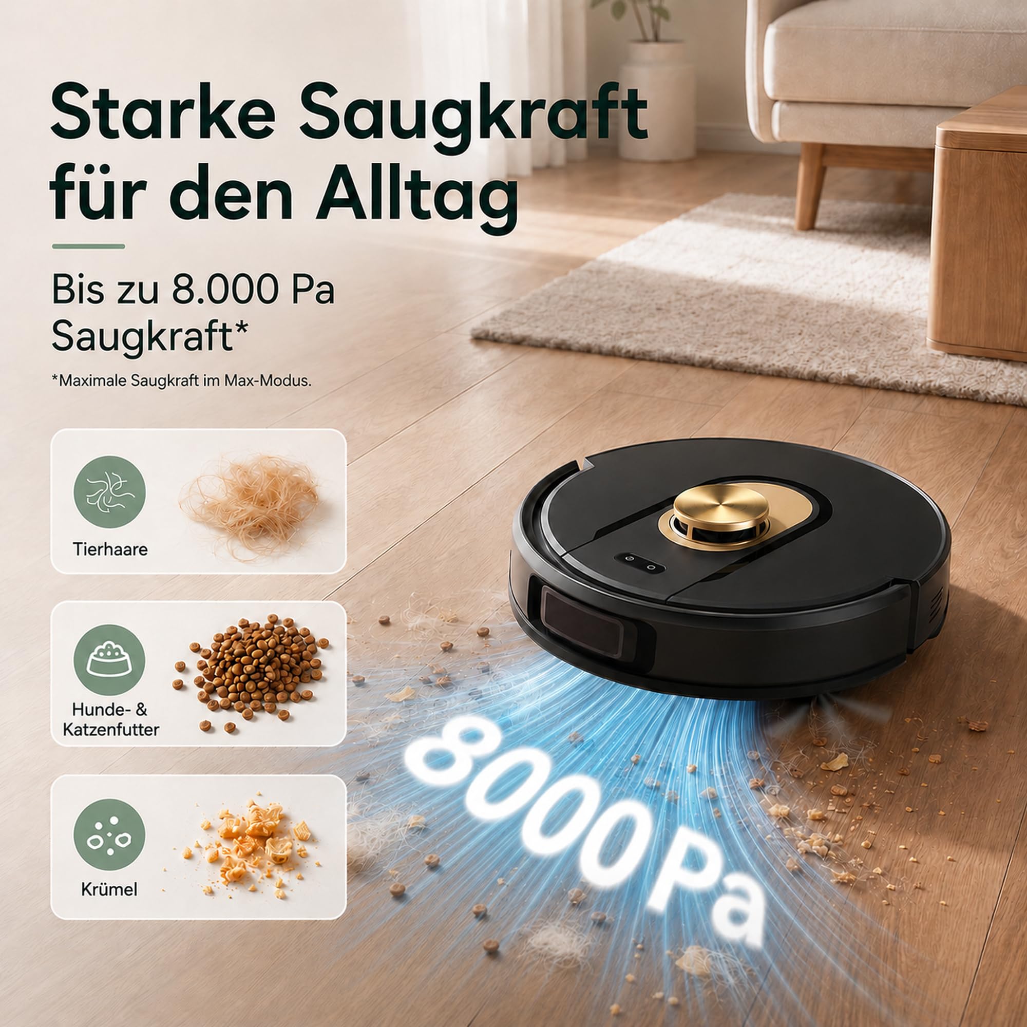 Vexilar Saugroboter mit Wischfunktion, 8000Pa & 180 Min Laufzeit Staubsauger Roboter mit LiDAR Lasernavigation & No-Go-Zonen, App/Alexa/iWatch Steuerung, Ideal für Tierhaare Teppiche (Schwarz)
