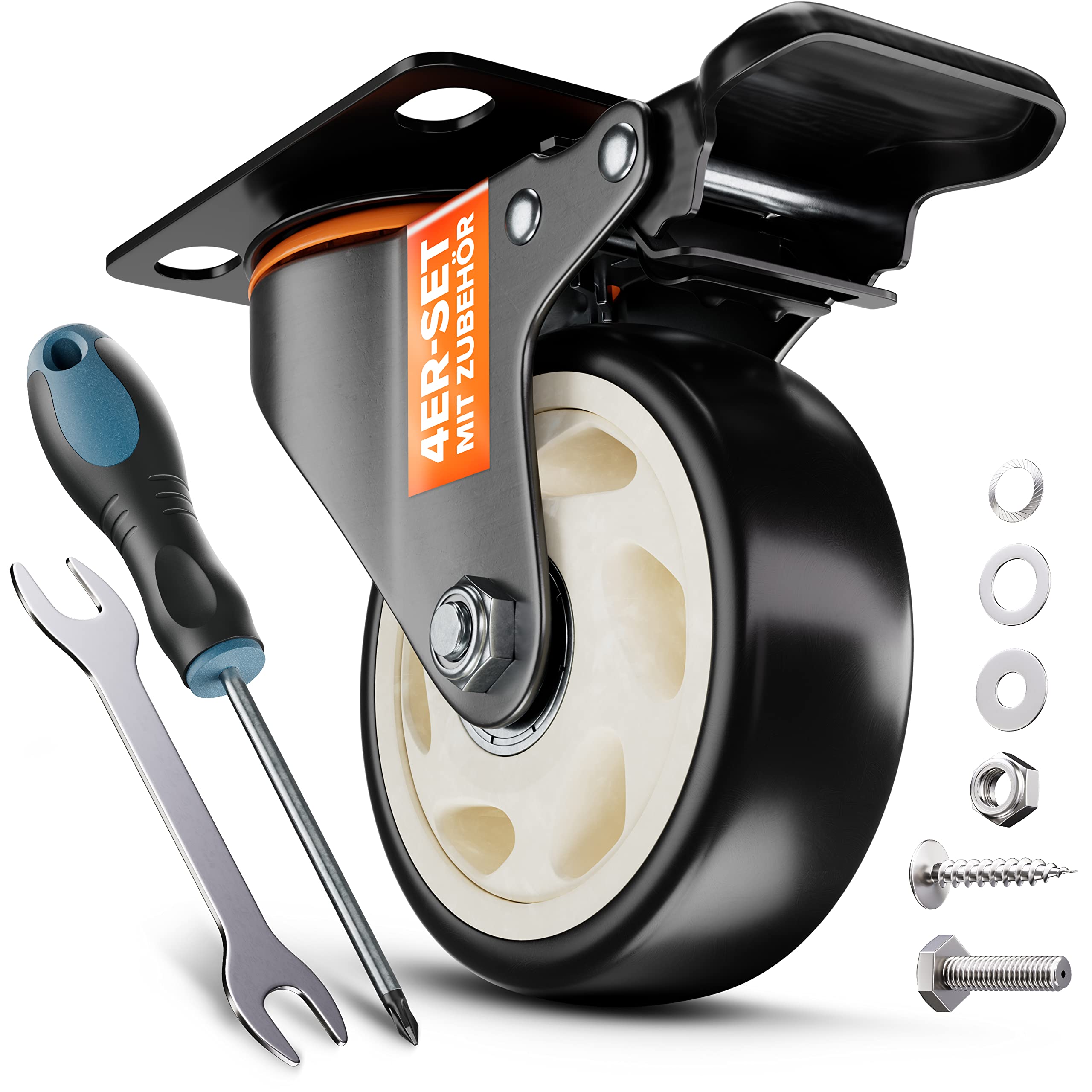 PEARWAY™ Schwerlastrollen 100mm - bis 600kg mit 4x Bremse - extra leise & langlebig - Möbelrollen mit Bremse - Rollen für Möbel & Schwerlast - Lenkrollen für Möbel & Outdoor - Laufrollen - Bockrollen