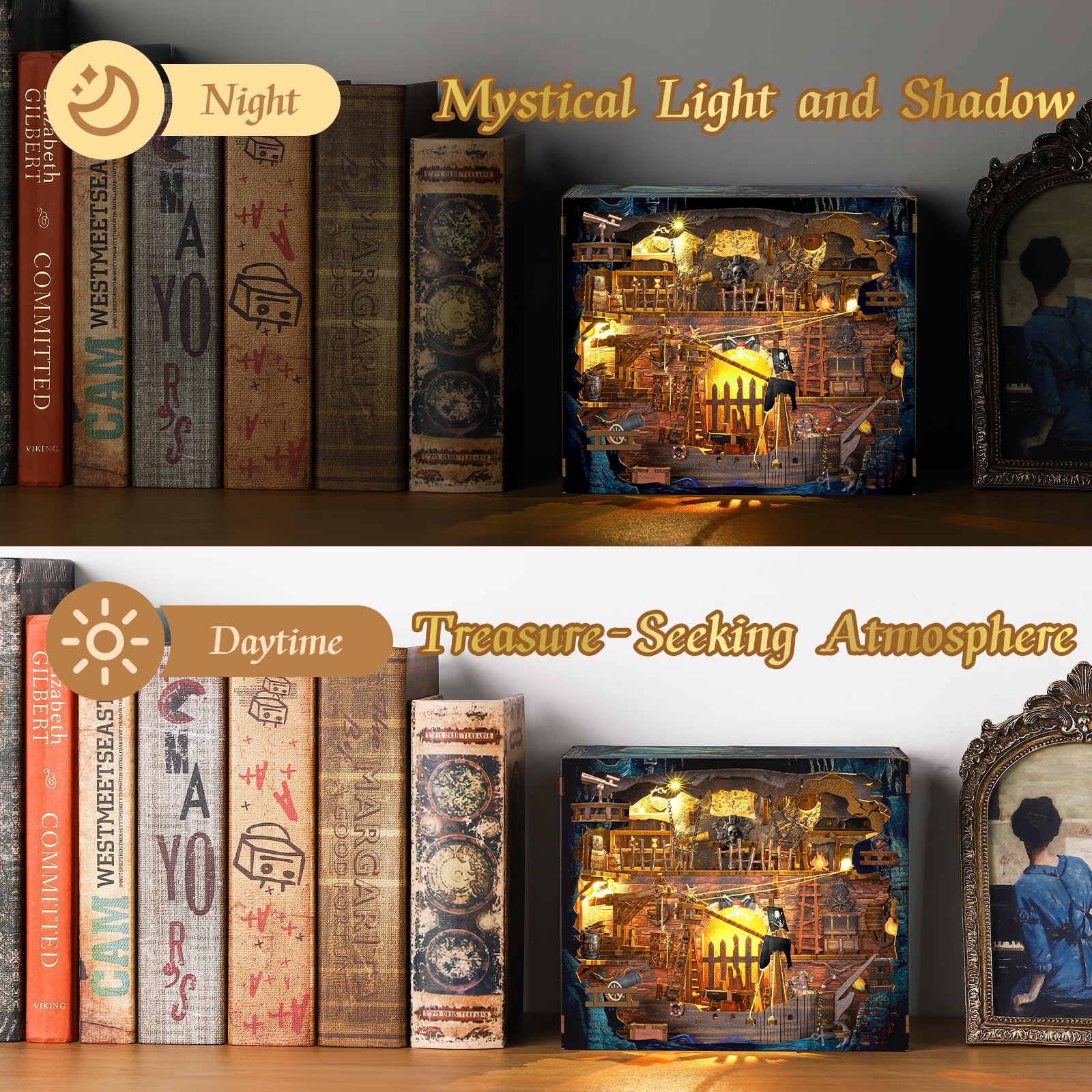 NookMaster Book Nook Kit DIY Miniature Dollhouse Piratenbucht, 3D Holzbausatz mit LED Licht und Staubschutz, Geschenke für Erwachsene Bücherfans