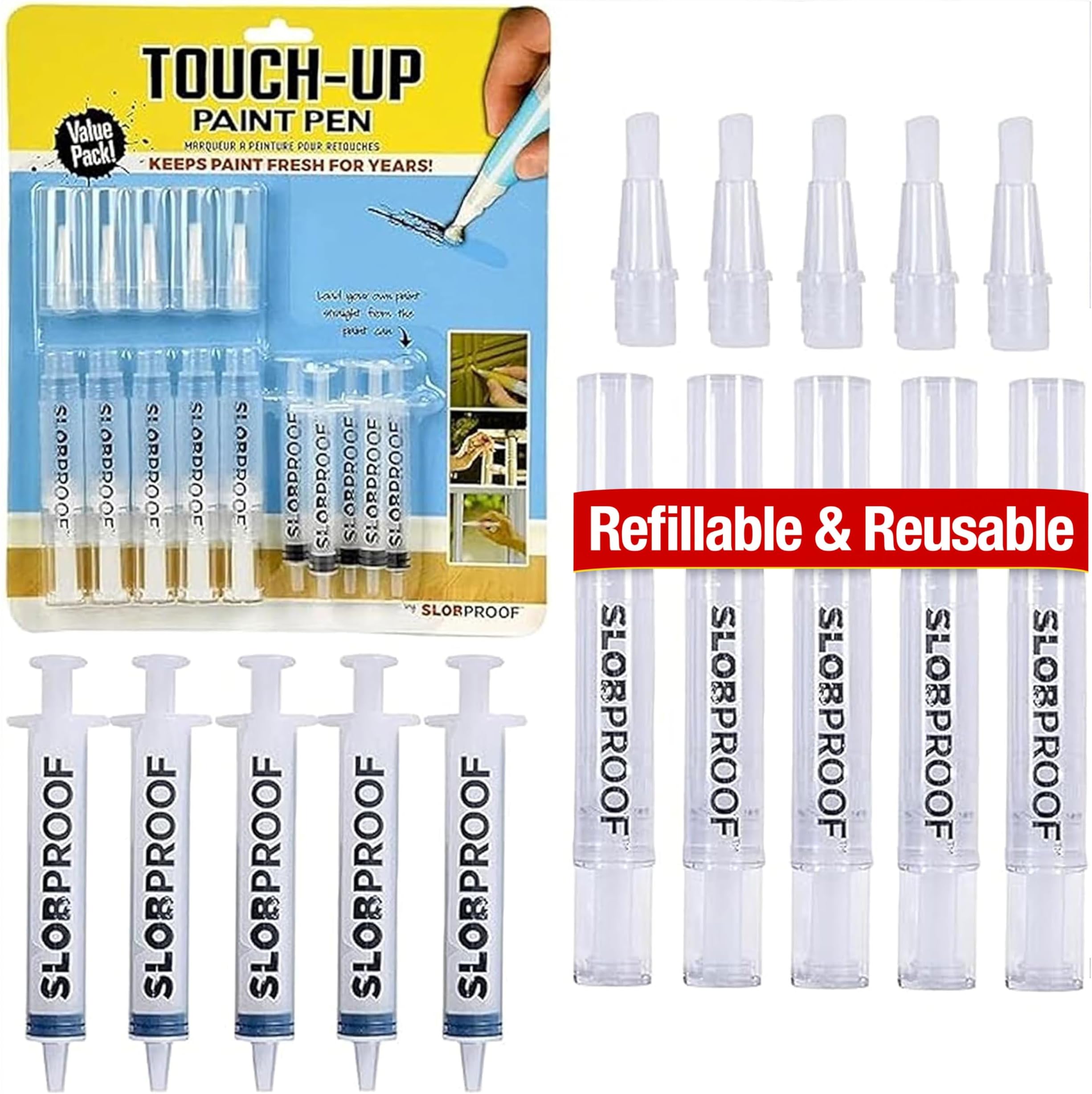 Slobproof Refillable Paint Brush Pens 5 in 1 Pack. Convenient Touch-Up with Easy To Use Syringes, Fillable Solution for Precision and Ease in Paint Touch-Ups. Ideal for Home, Wood and Paint Touch Ups