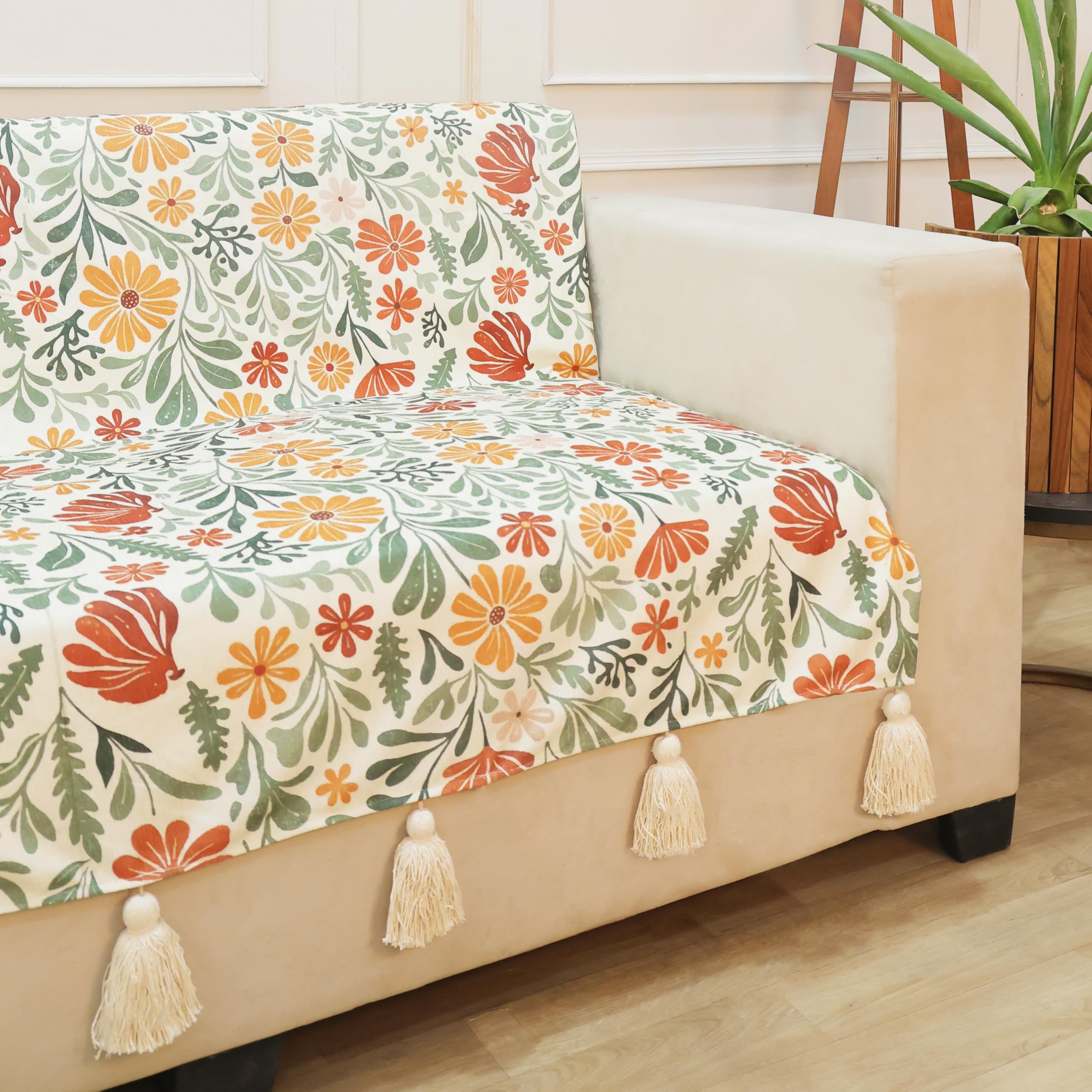 STITCHNEST 'Eden Weaves Collection Series' 1 Seater Sofa Cover – Full Coverage| Elegant Woven Fabric, Decorative Tassels, Washable & Durable for Modern Living