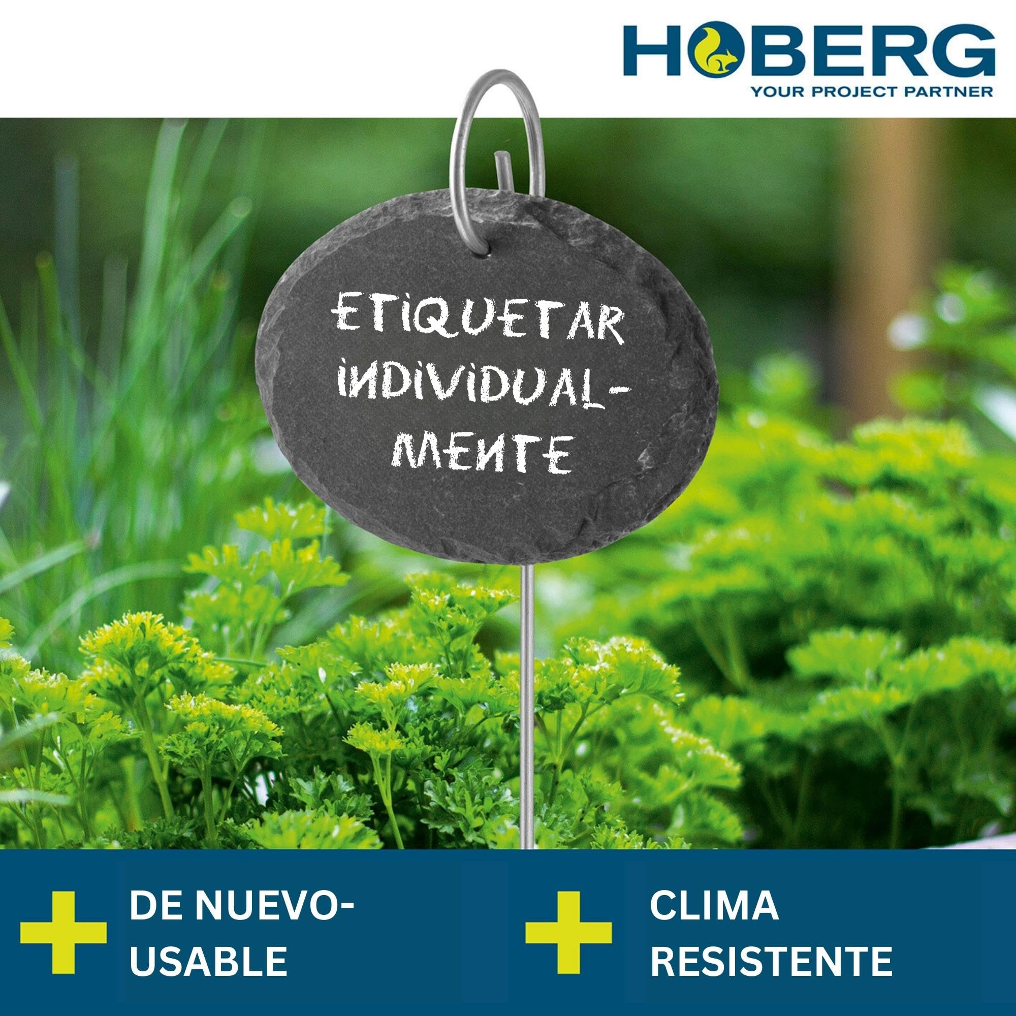 Hoberg Etiquetas para plantas de pizarra - Set de 10 | Resistentes a la intemperie, reutilizables | Etiquetado de plantas & hierbas | Con púas de acero para el suelo | 9 x 7 x 0,5 cm [Ovalado]