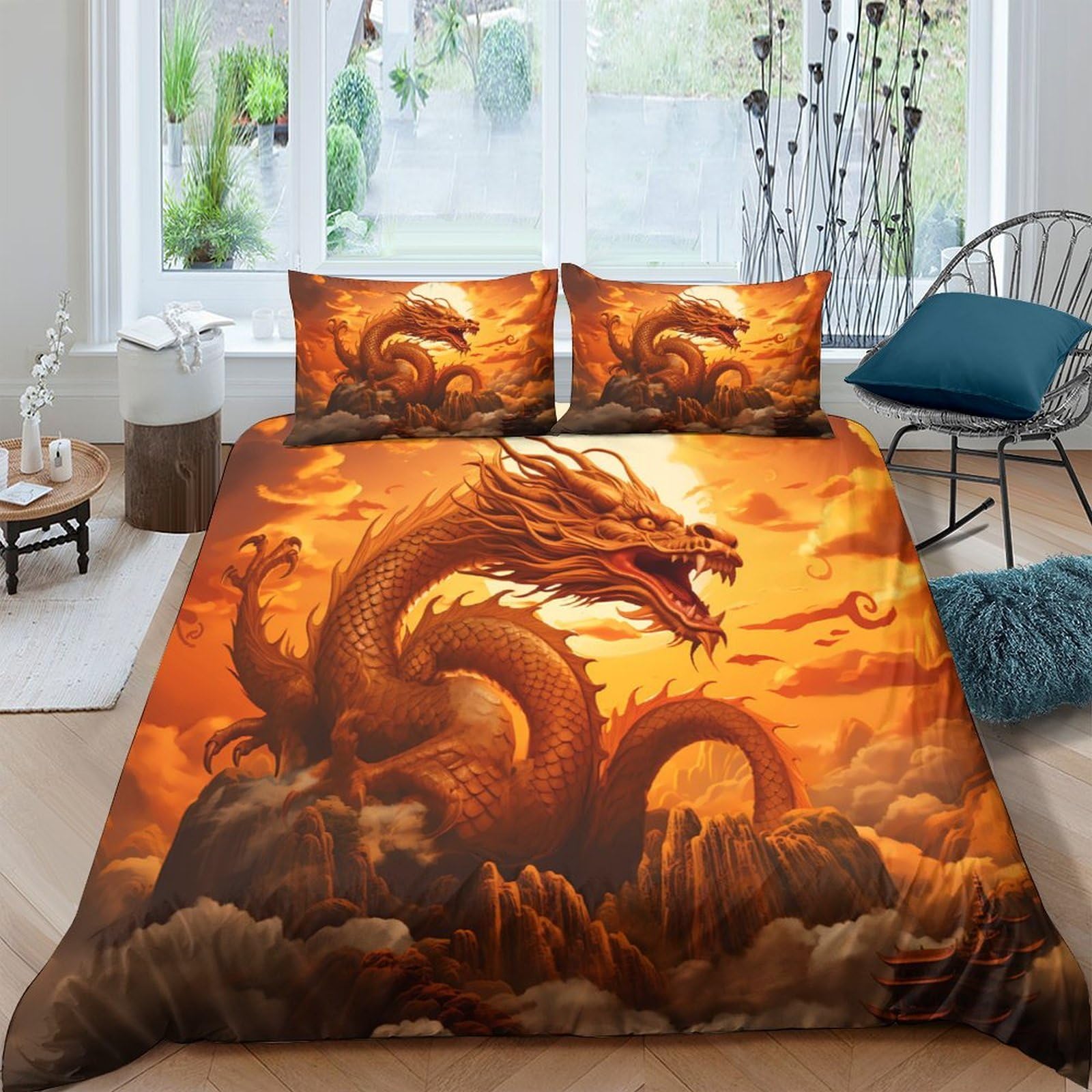 Ctjqhvkz Style-10 3D Printed Fiery Dragon Fitted Sheet Microfiber Soft Breathable Sunset Beast Mattress Cover For Bedroom Dorm Decor Single（135X200cm）