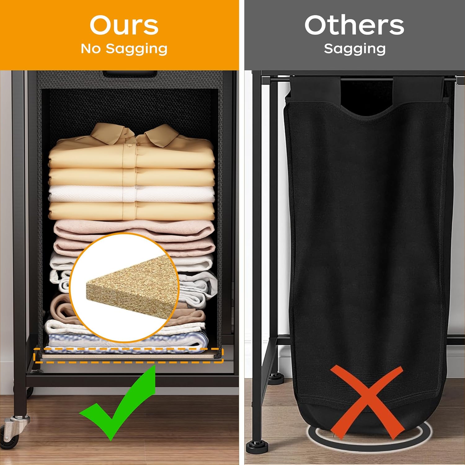 Comparison showing a laundry bag with a bottom panel preventing sagging versus a bag without one