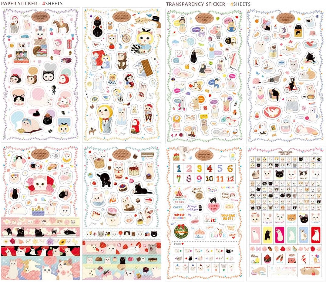 DadaCrafts(TM) 8 Sheet 5 x 8 Inch Paper and Transparent PVC Cartoon Cat Stickers