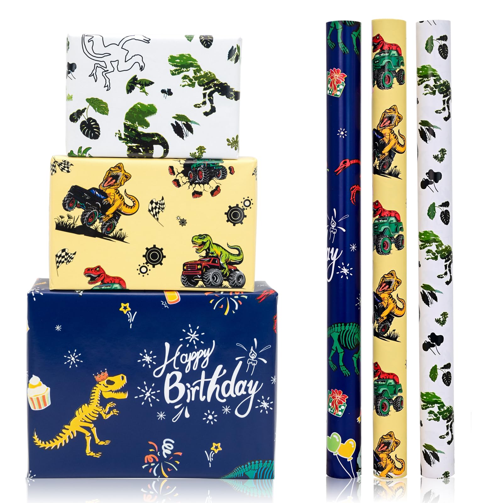 Vnaaem Rollo de papel de regalo de dinosaurio con líneas de corte en el reverso, 3 rollos de papel de regalo de feliz cumpleaños para niños y niñas, papel de regalo de dinosaurio, recuerdo de fiesta