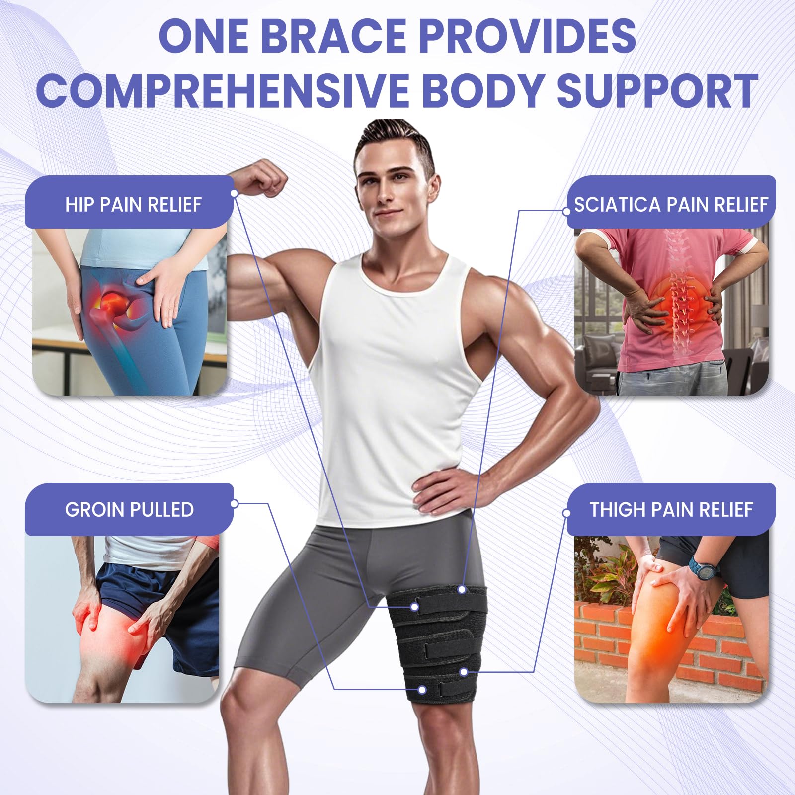 Hamstring Compression Sleeve with 3 Adjustable Straps,Thigh Compression Sleeve for Men & Women, Black Hamstring Brace for Pulled Groin Muscle, Tendinitis and Sports Recovery (L Size, Left/Right Leg)