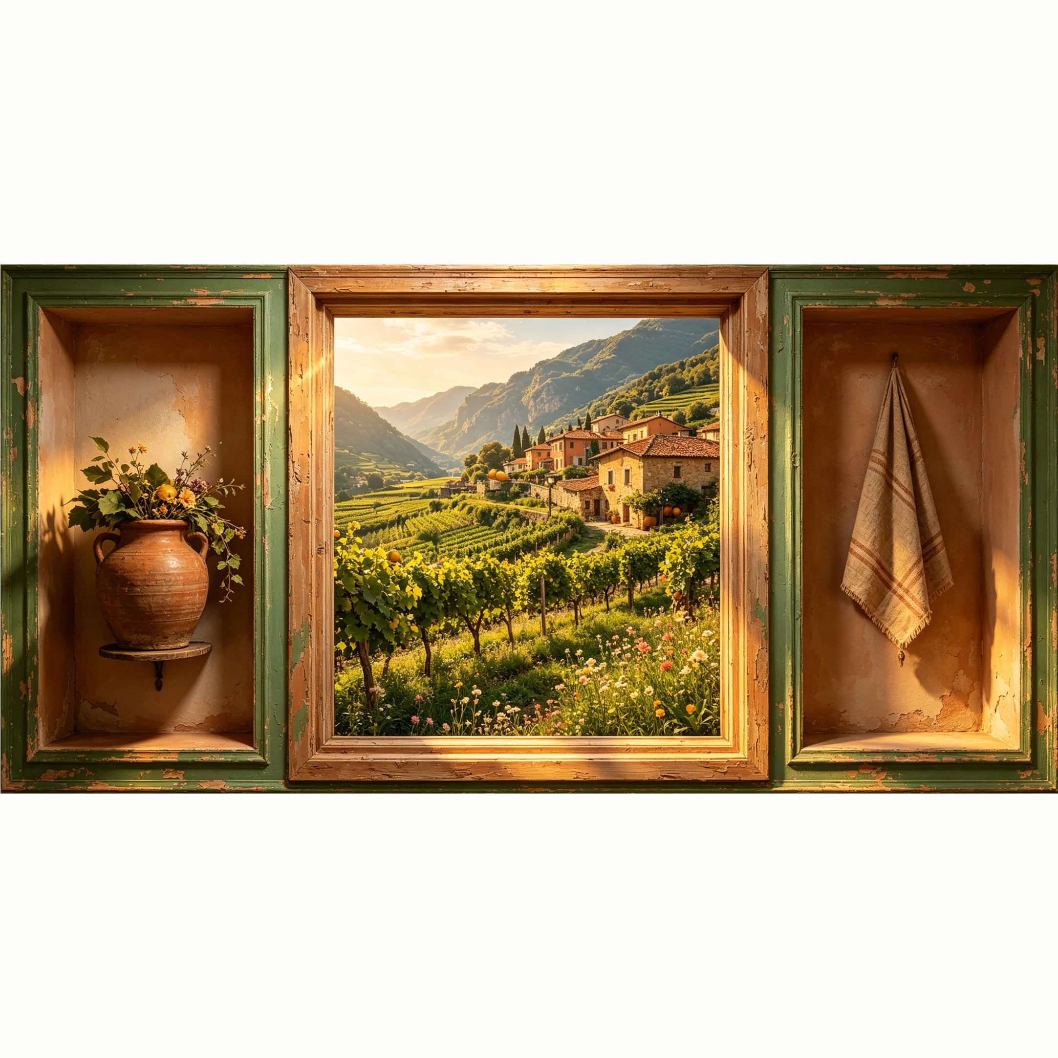 QZLITHOTIC 50x100cm 3D Framed Wall Art， Tuscany Vineyard Landscape Window View Self‑Adhesive Mural， Water‑Activated Peel & Stick Fabric Decor Wall Decal for Bedroom Living Room