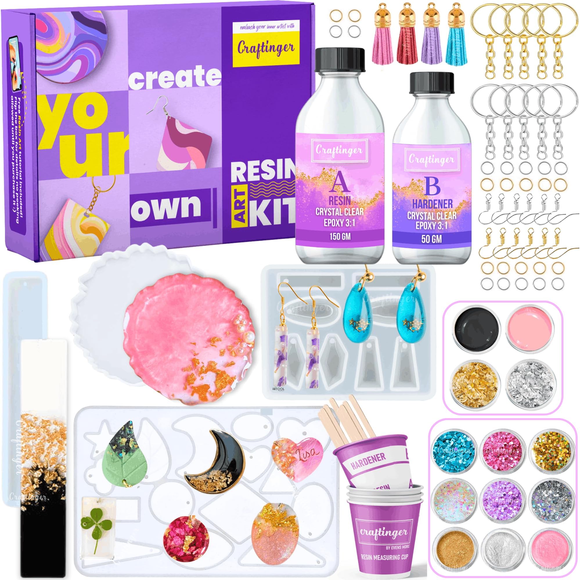 Craftinger Upgraded All in One Kit with 200gm Resin for Pendant Earring Keychain & Coaster, Multicolor