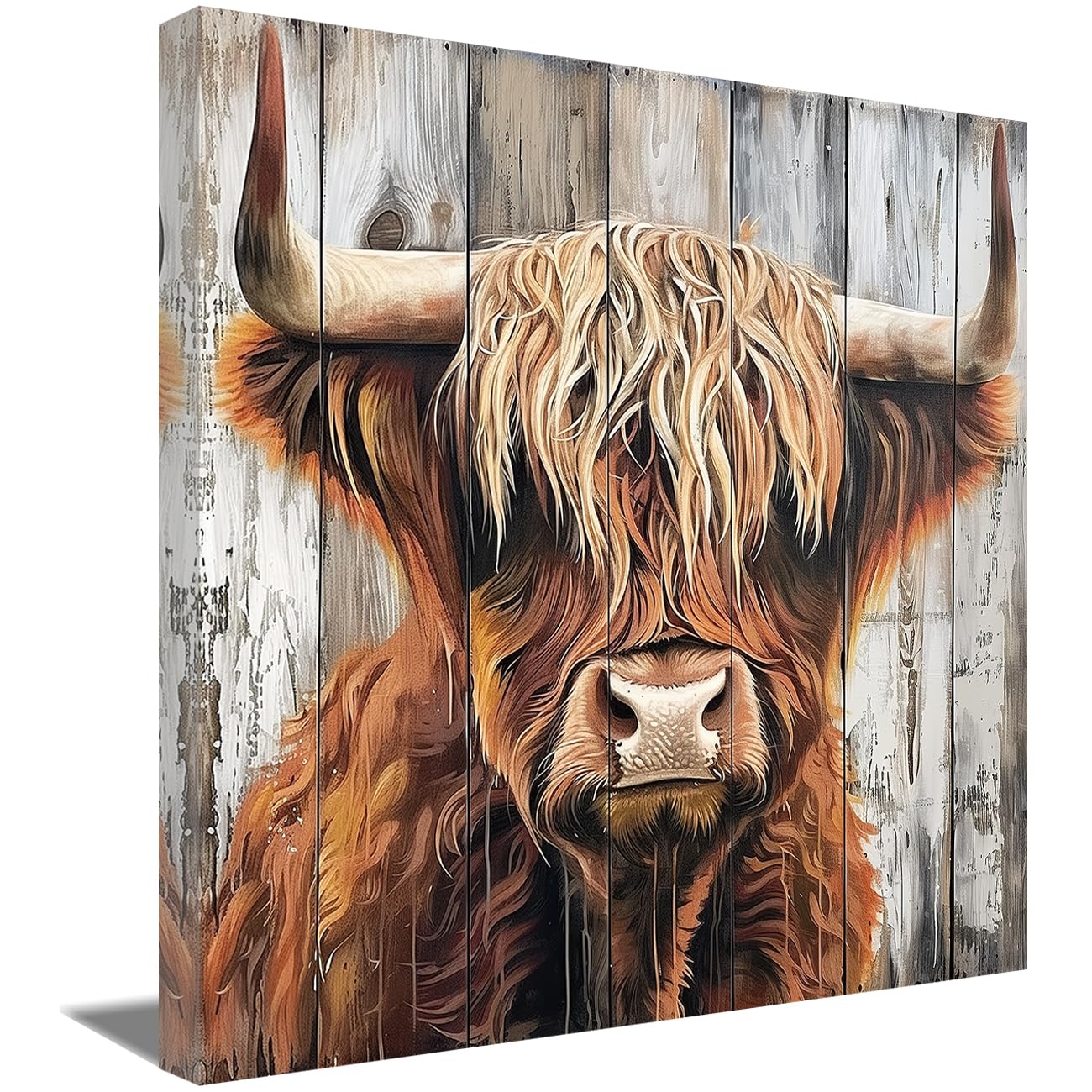 LMYSXAOZ Funny Highland Cow Canvas Wall Art Farmhouse Longhorn Artwork Prints Rustic Cattle Picture Vintage Animal Painting for Decoration (Cow-A,28.00" x 28.00")