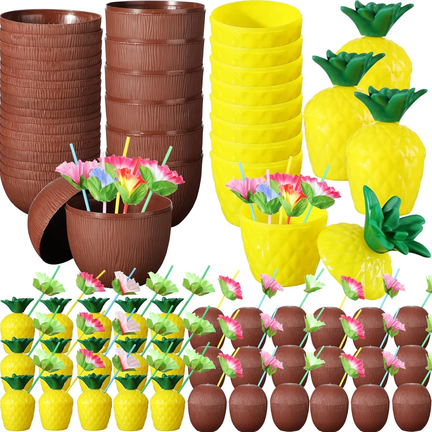 Amyhill 72 Pcs Tropical Pineapple Coconut Cups Plastic Hawaii Drink Cups with 72 Lids and Flower Straws Hawaiian Luau Bachelorette Party Supplies Beach Party Decorations for Kids Adults Favors