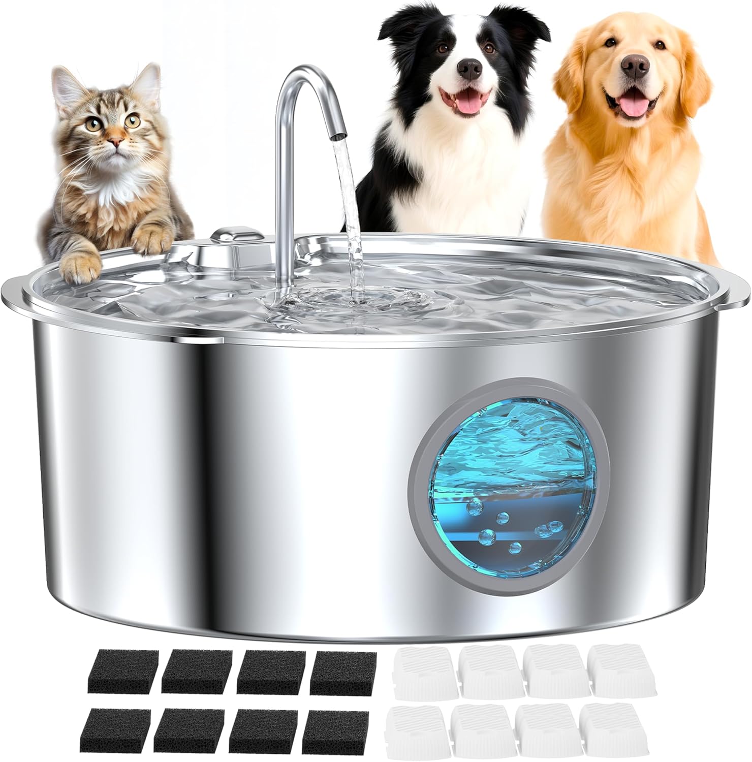 Fuente de agua grande para perros fuente de agua plateada para gatos grandes, acero inoxidable, 3.2 galones406 onzas12 litros, fuentes gigantes