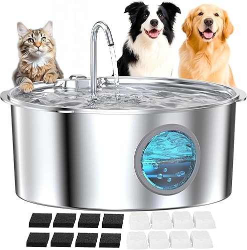 Fuente de agua grande para perros fuente de agua plateada para gatos grandes, acero inoxidable, 3.2 galones406 onzas12 litros, fuentes gigantes