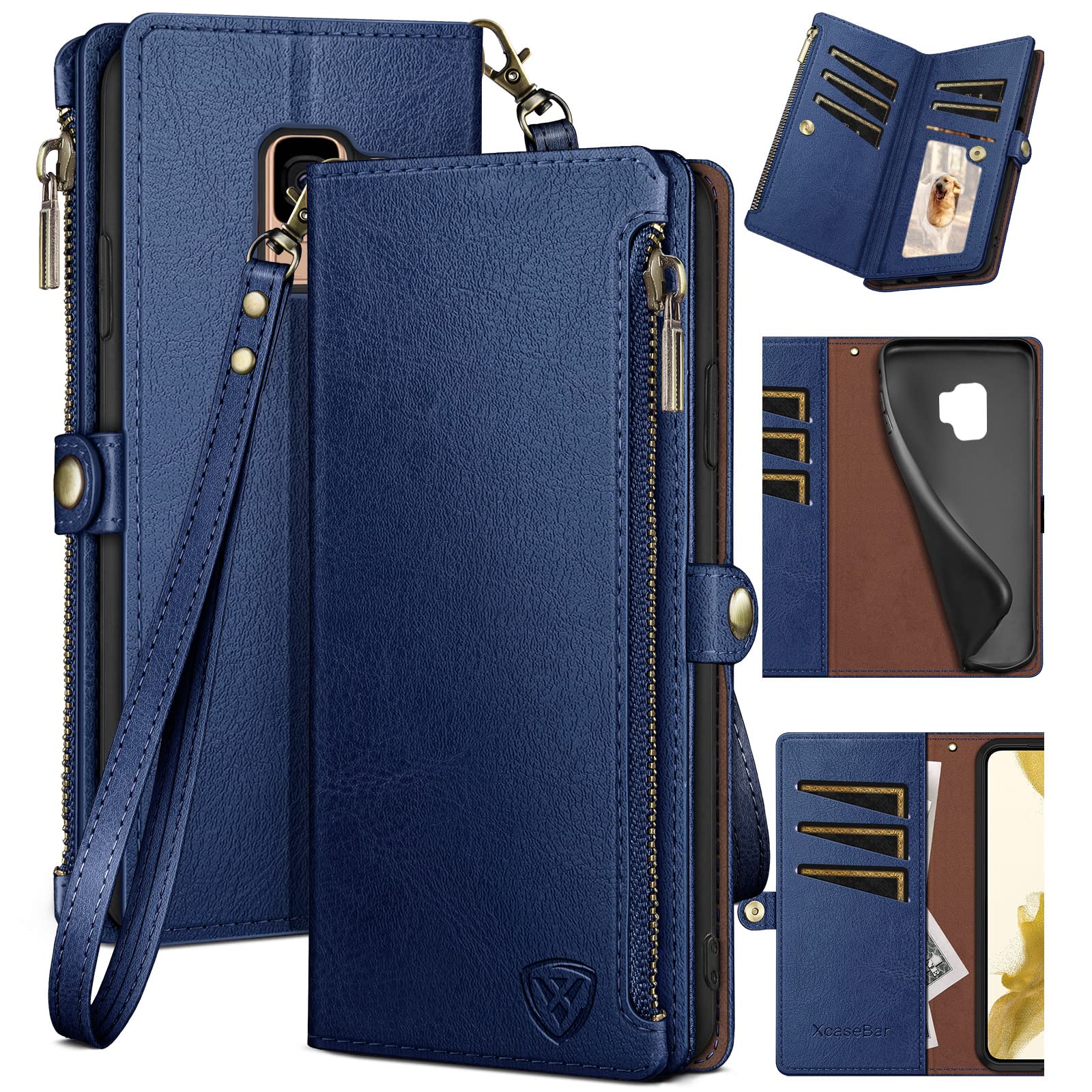 XcaseBar for Samsung Galaxy S9 Wallet case with Zipper Credit Card Holder?RFID Blocking?, Flip Folio Book PU Leather Phone case Shockproof Cover Women Men for Samsung S9 case Blue