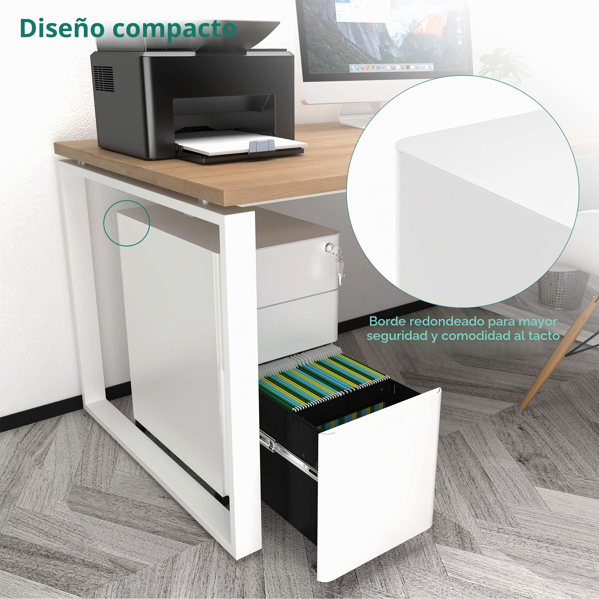 YITAHOME Cajonera de Oficina con 3 Cajones, Armario Archivador Metalico con Ruedas, Móvil Mueble Oficina Archivador con Cerradura y Llave para Carta/A4, Blanco, 46 x 30 x 59cm