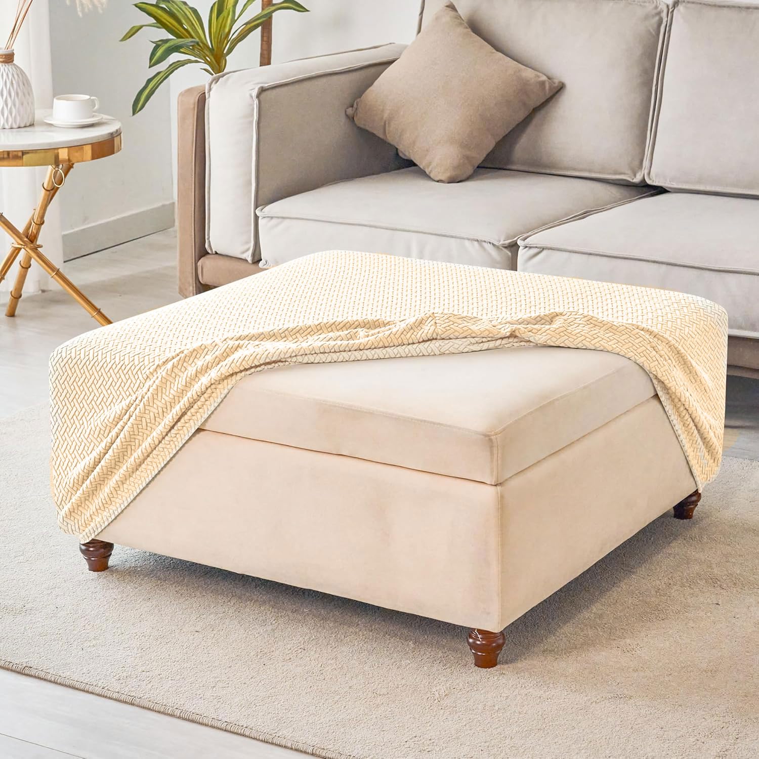 ANWUCHEN Copertura Elasticizzata Per Ottomana Quadrata - Tessuto Jacquard Morbido, Fondo Antiscivolo, Spessa E Lavabile - Grande (Lunghezza 89-114 Cm)