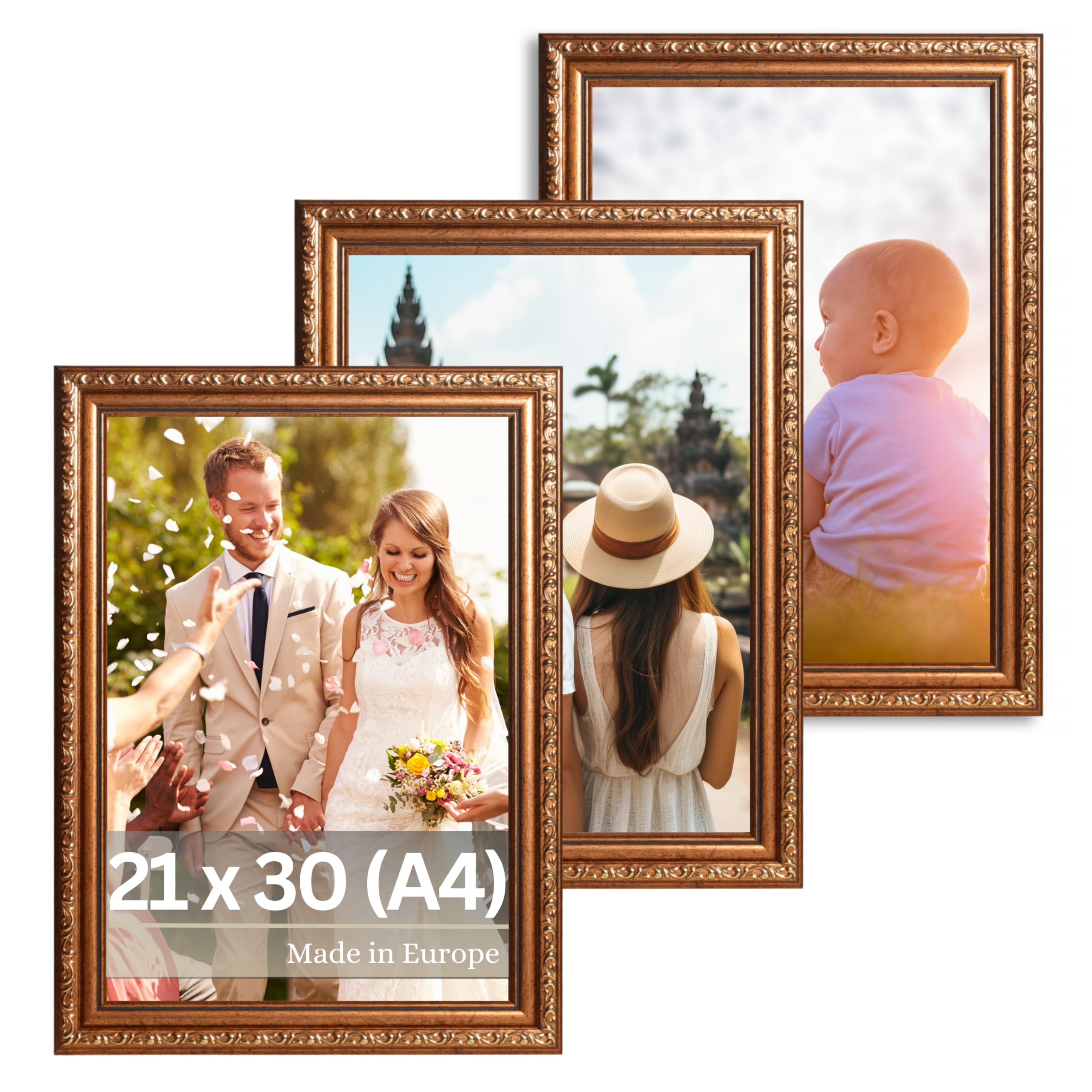 VictoR antiker - kunstvoller Fotorahmen „Chagall“ in braun gold - 3er Set in 21x30 cm (A4) Deko Bilderrahmen 20x30 vintage - geeignet für Urkunden - Bilderrahmen braun A4 - barock