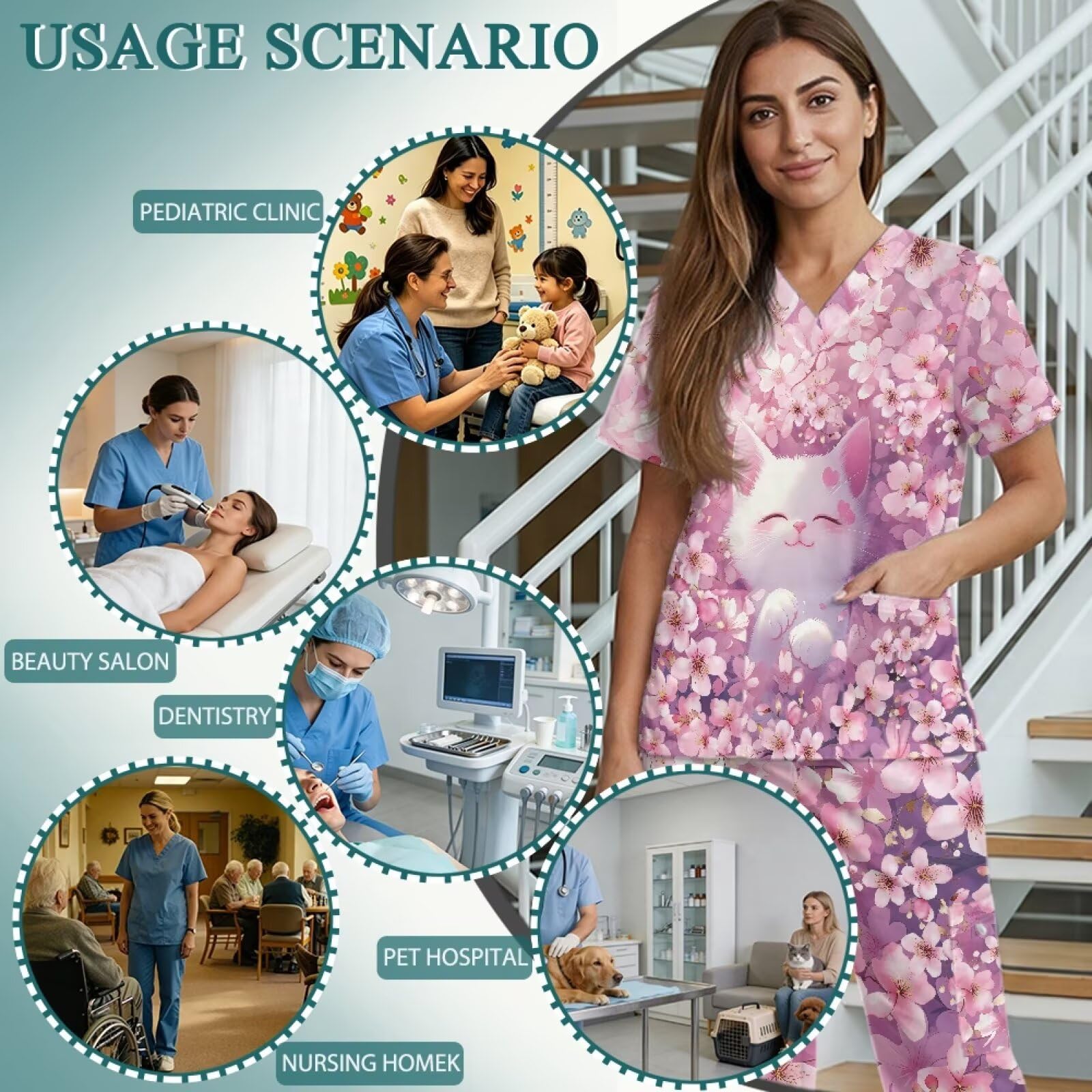 Damski zestaw peelingów uroczy kot, bez zagnieceń, top i 6 kieszeni, spodnie z prostymi nogawkami ze sznurkiem, różowe, niezbędne CNA do pracy