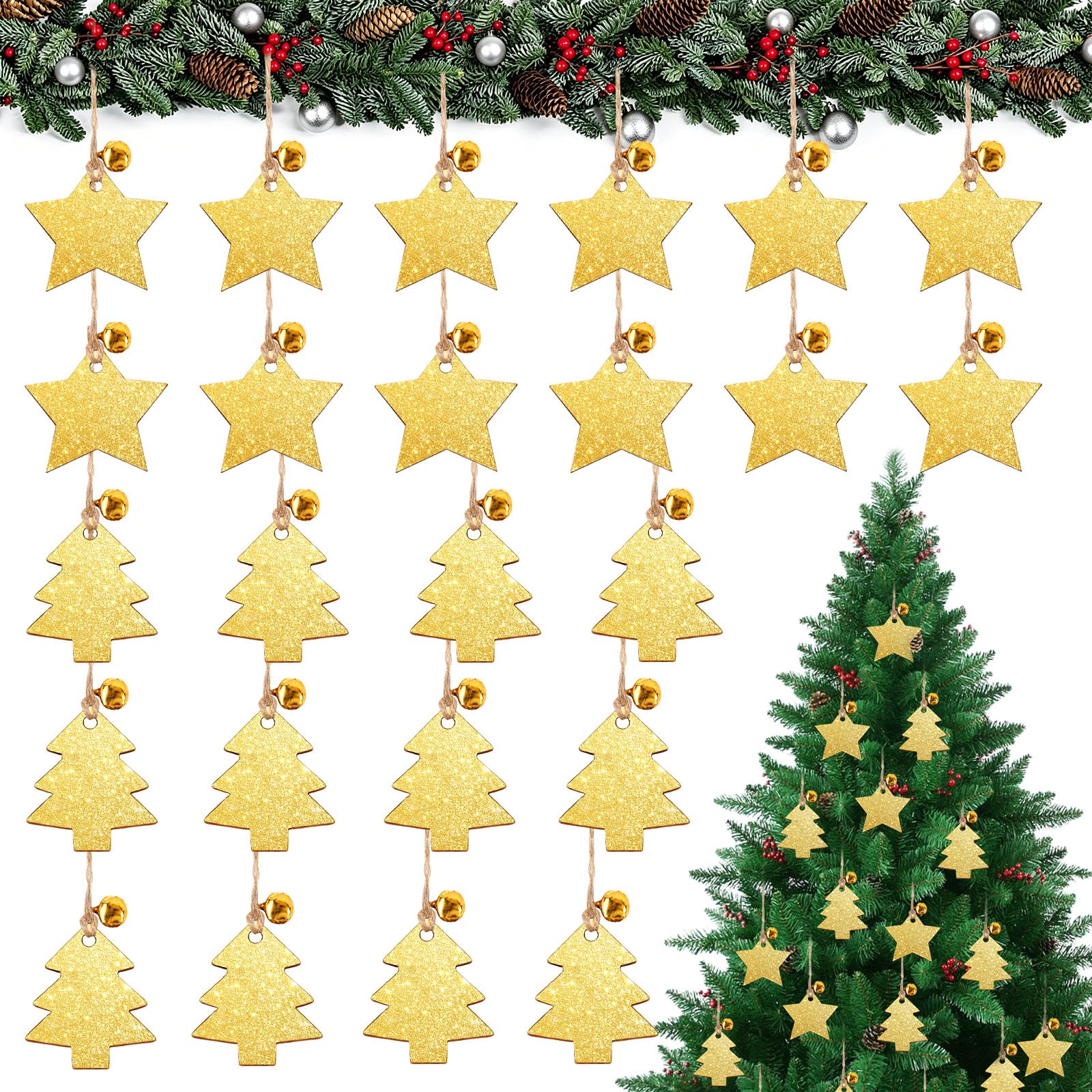 Graplan 24Pcs Wooden Christmas Tree Decorations Gold Glitter Star & Tree