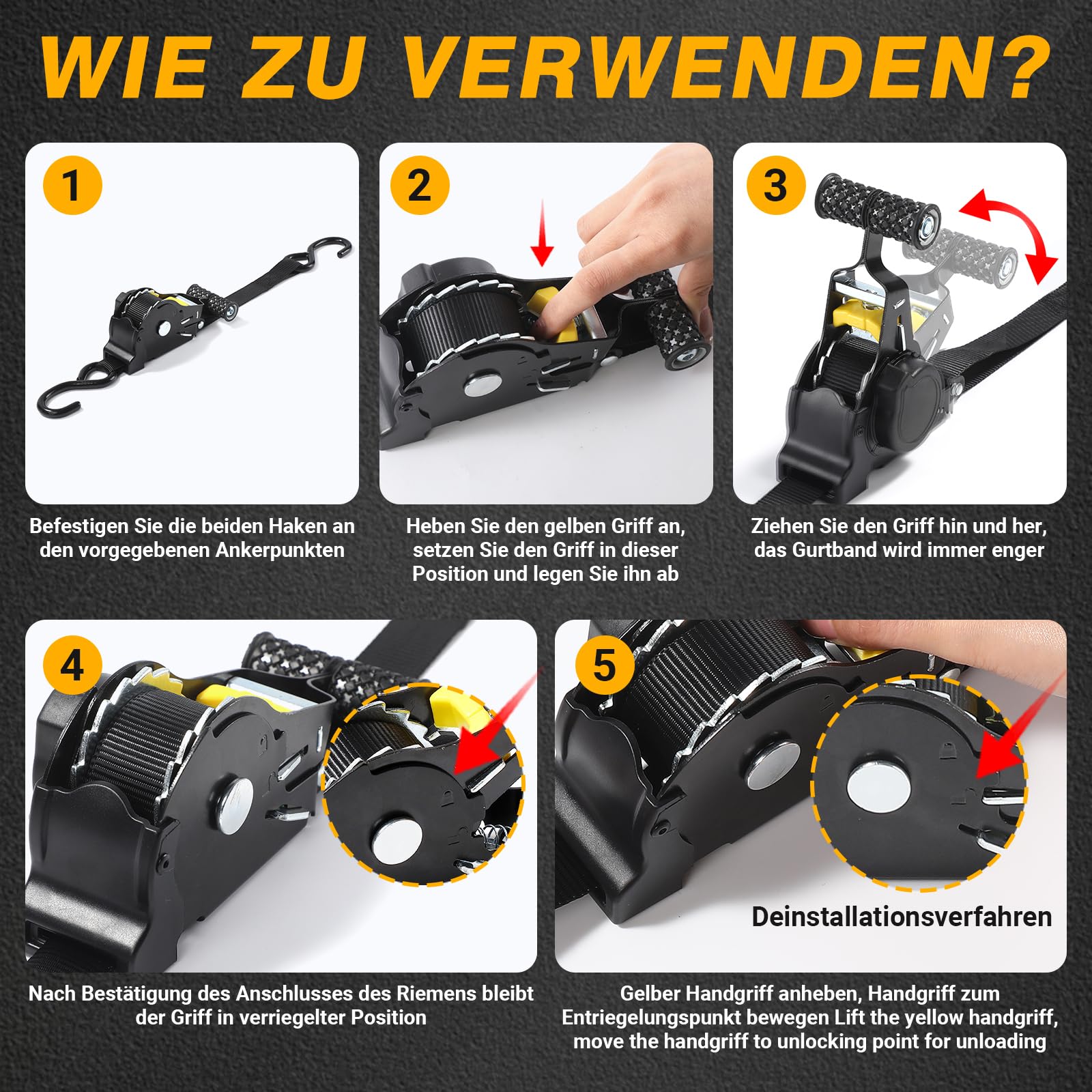 4 Stück Automatik Spanngurte - mit S Haken, 680KG Zurrgurte 3M x 25mm,Automatischer Spanngurtaufroller - Spanngurte mit Ratsche - für Fahrrad,Motorrad,Anhänger(Schwarz