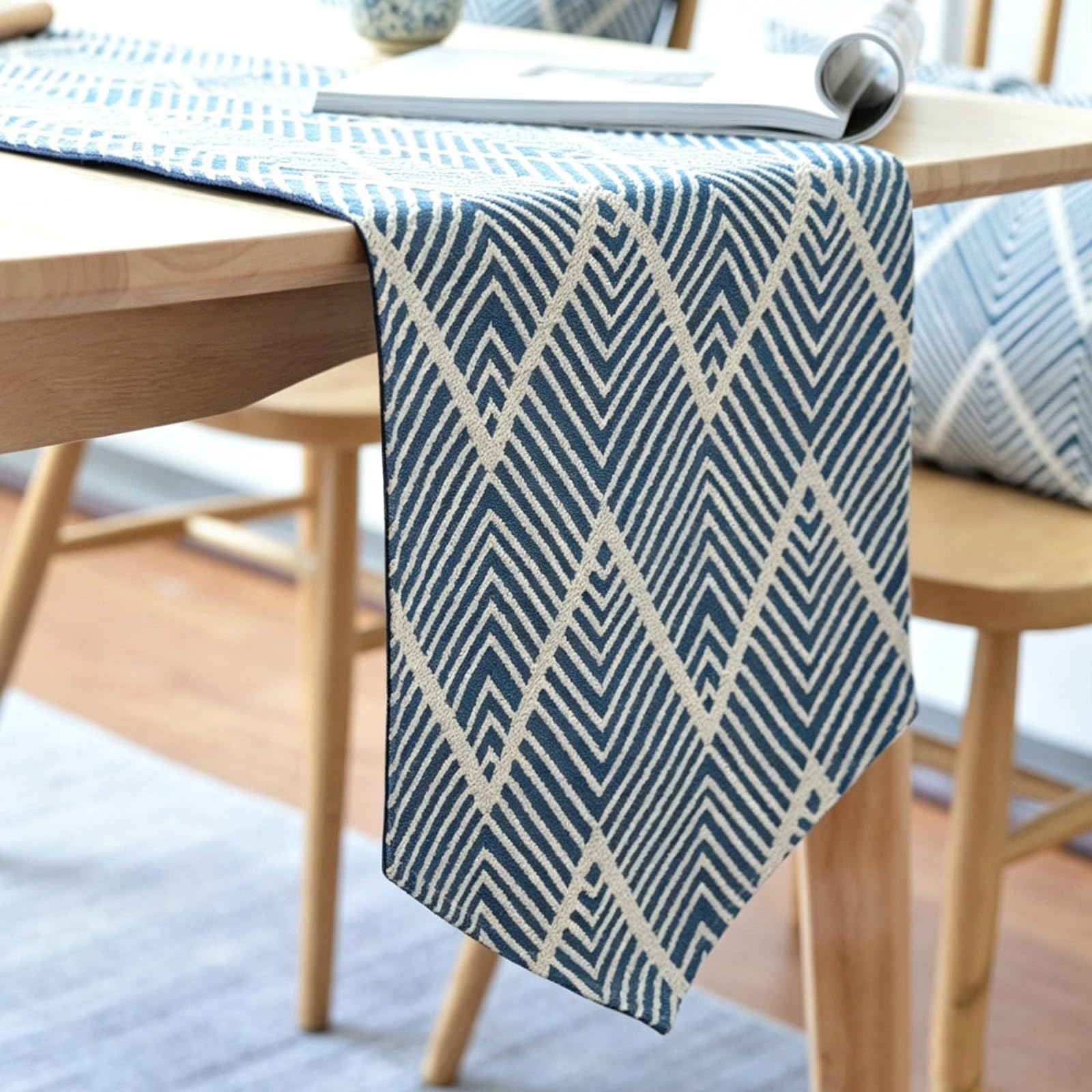 Modern Minimalist New Chinese-Style Table Runner, Geometric Jacquard Table Runner Suitable for Dining Tables, Pianos and Shoe Cabinets(Blue,160cm/62.9in)