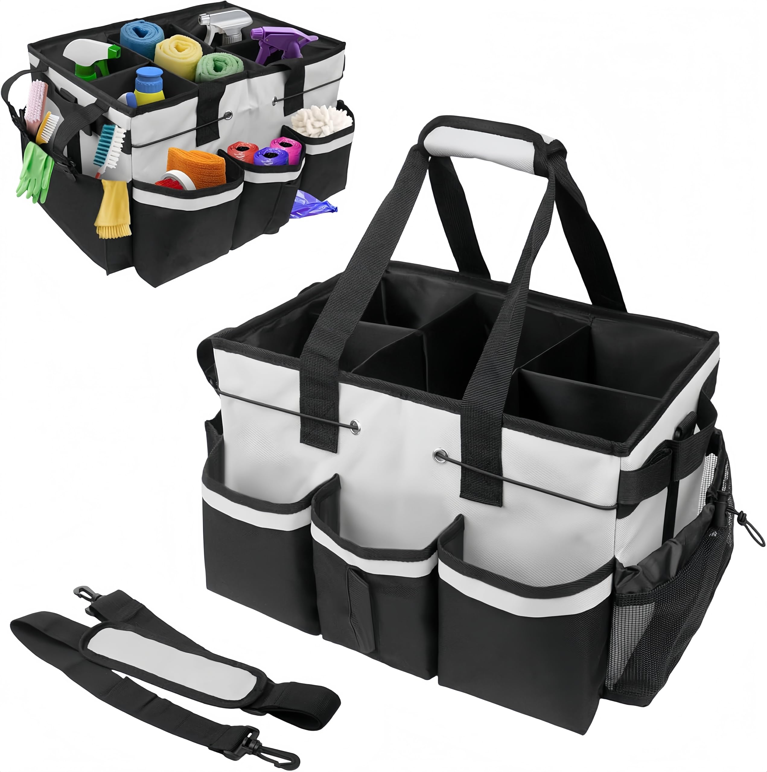 SKYFREIGHT Large Cleaning Caddy Bags, Cleaning Supplies Organizer with Handle & Adjustable Shoulder Straps,Multi-compartment Design Cleaning Supply Tote for Cleaners&Housekeepers (White)