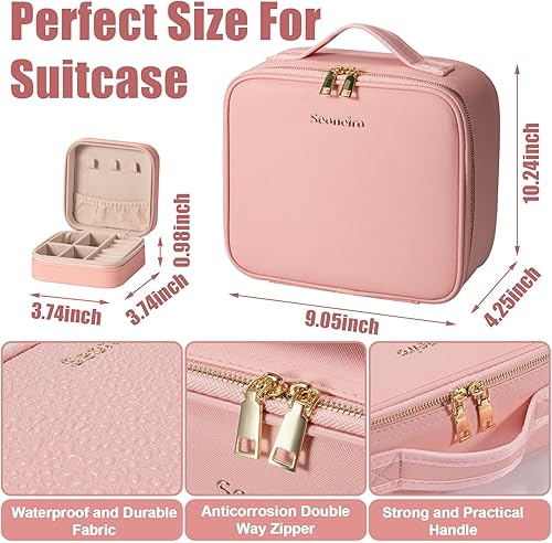 Miniatura 9 de Seoneiro Bolsa de viaje de maquillaje con espejo iluminado LED, brillo ajustable, estuche de maquillaje portátil impermeable con divisores