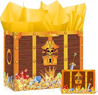 Halloween Pirate Gift Bag Treasure Chest Gift Box with Tissue Paper and Card Treasure Hunt Gift Wrapping Paper Bag Pirate Treasures Birthday Favor Bag for Nautical Birthday Christmas Party Supplies