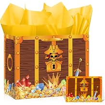 Yomaiha Pirate Gift Bag Treasure Chest Gift Box with Tissue Paper and Card Treasure Hunt Gift Wrapping Paper Bag Pirate Treasures Birthday Favor Bag for Nautical Birthday Christmas Party Supplies