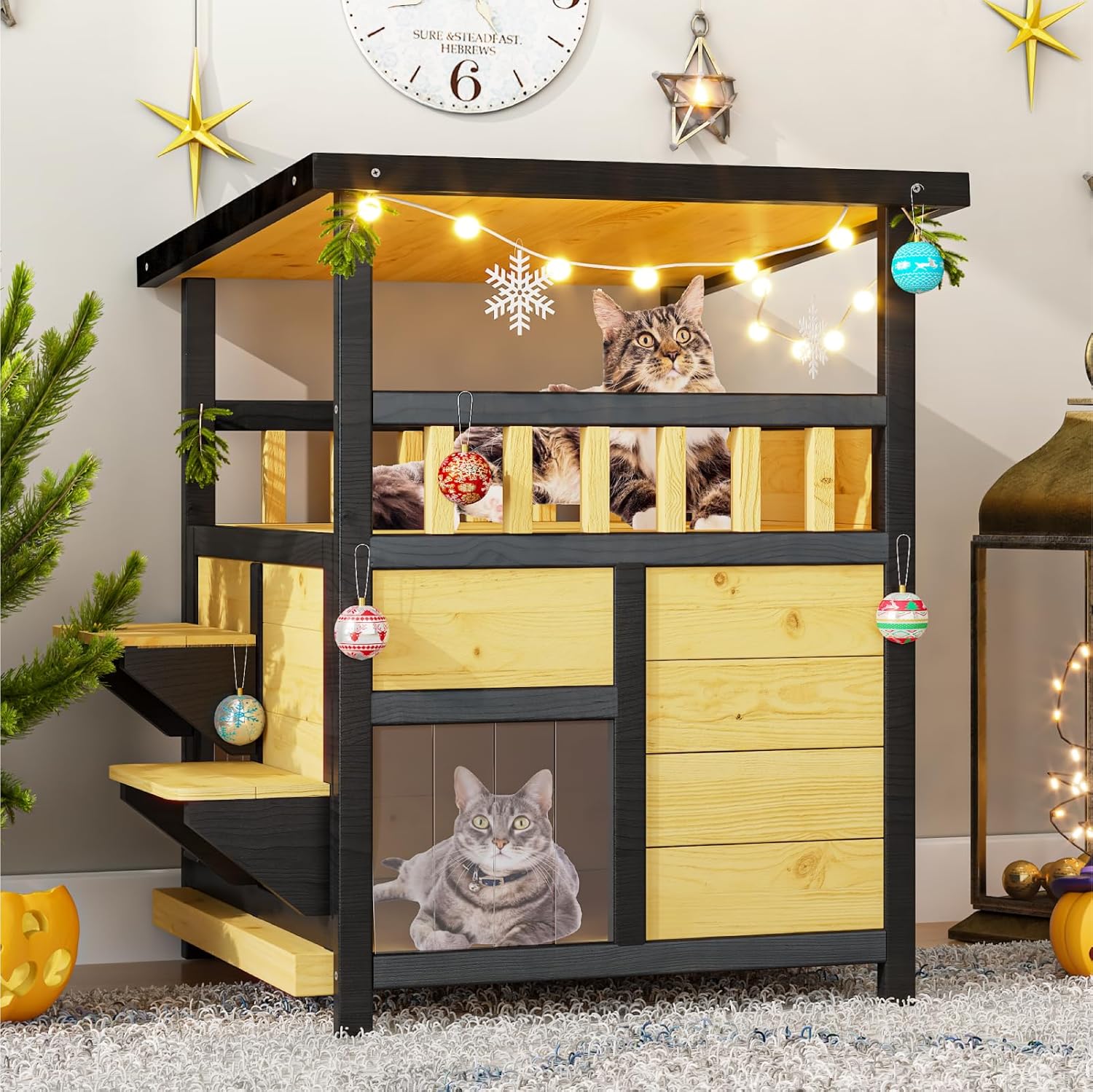 Cat House Weatherproof, Wooden Two Story Feral Cat Shelter with Escape Door, Indoor/Outdoor Enclosure for Small/Medium Pets, Pull-Out Bottom & Scratching Mat Included - Black and Earthy yellow