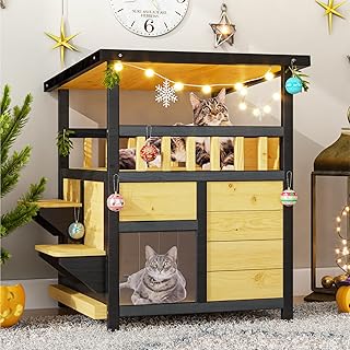 Cat House Weatherproof, Wooden Two Story Feral Cat Shelter with Escape Door, Indoor/Outdoor Enclosure for Small/Medium Pets, Pull-Out Bottom & Scratching Mat Included - Black and Earthy yellow
