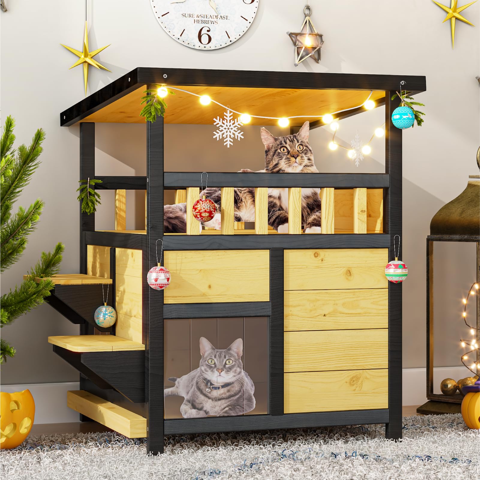 Outdoor Cat House Weatherproof - Outside Two Story Feral Cat Shelter with Escape Door, Wood Dog Condo for Small/Medium Pets, Pull-Out Bottom & Scratching Mat Included - Black and Earthy yellow