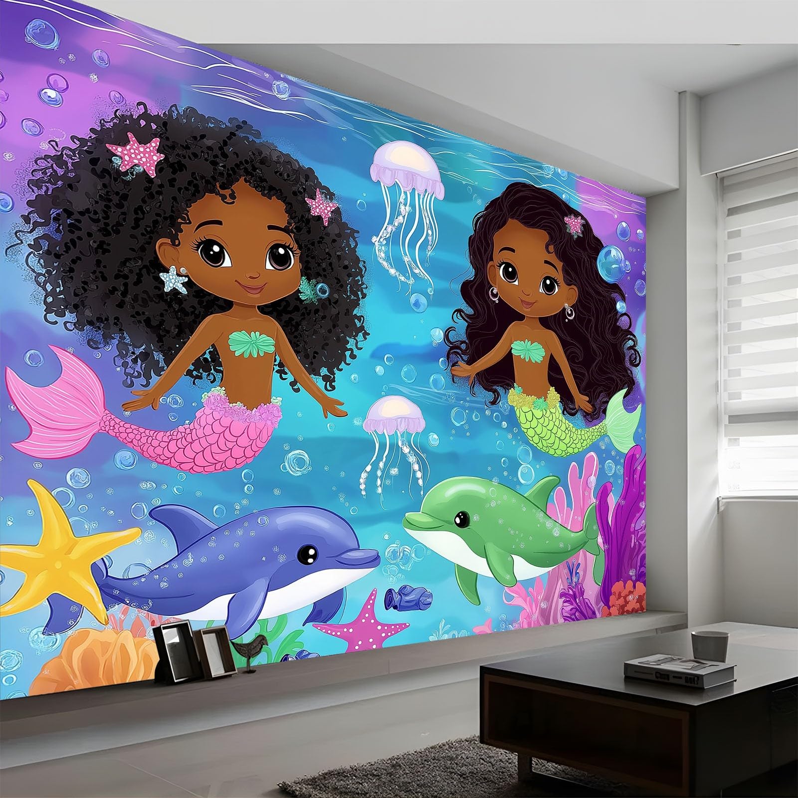 Fototapeta z motywem syrenki, słodka, 300 x 210 cm, z efektem 3D, obraz ścienny, tapeta ścienna, z włókniny, nowoczesna tapeta ścienna, do salonu, pokoju dziecięcego, sypialni, tło TV, dekoracja