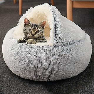 Plush Cat Bed for Indoor Cats Puppy Small Medium Dog, Soft Warm Pet Bed Semi-Enclosed Cat House, Cat Cave Bed with Hooded Cover Dog Kitten Sofa Puppy Cushion,L-24in/60cm,Gray