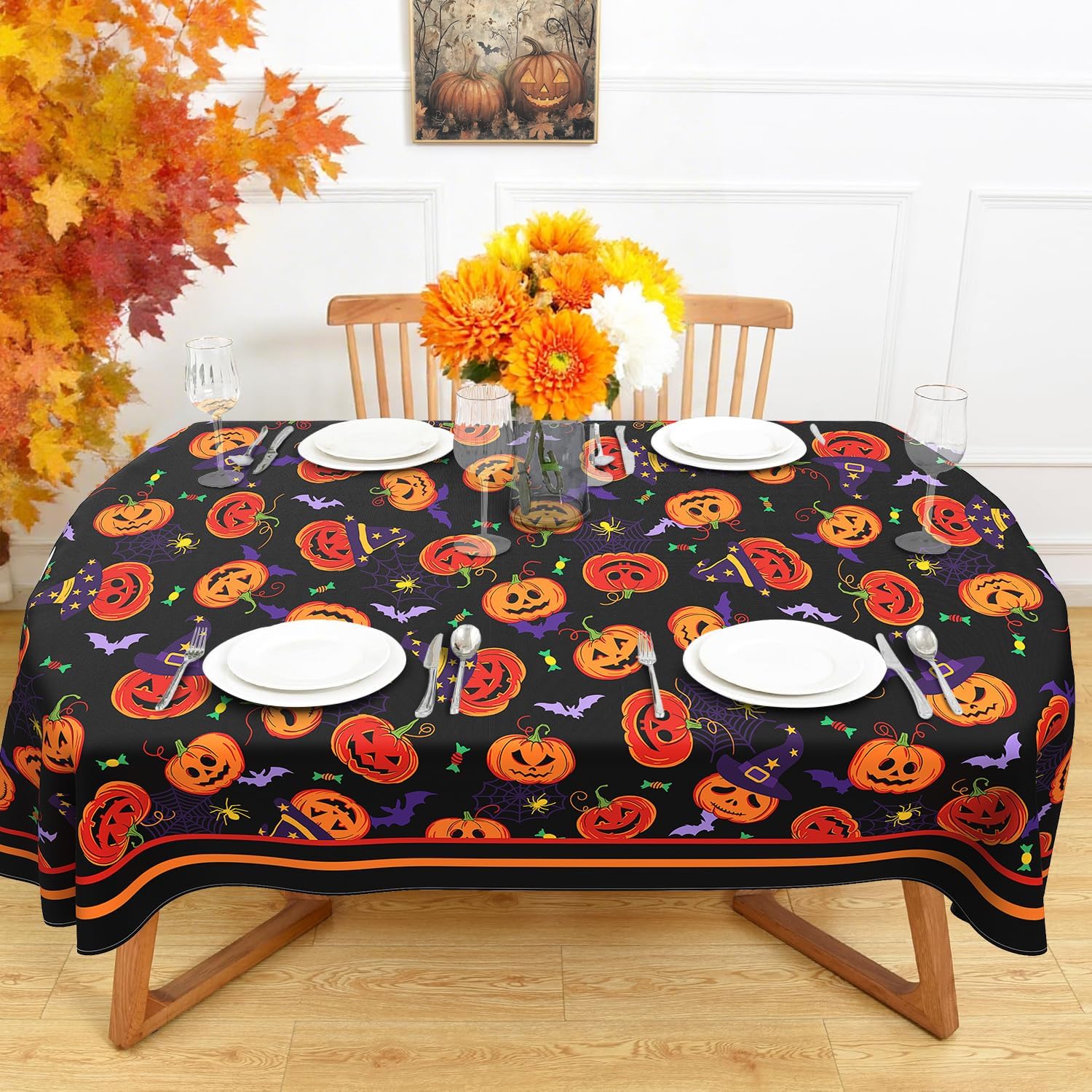 Halloween Oval Tablecloth 60x102 Inch Waterproof Bat Pumpkin Tablecloth Halloween Washable Table Cloth for Party Picnic Dinner Scary Home Decor