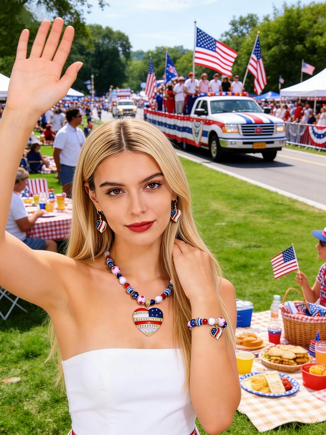 4th of July Jewelry Sets Decorations American Flag Star Pendant Necklace and Bracelet for Women, Patriotic Rhinestone Star Heart Drop Earrings, Colorful Beaded Stretch Bracelet, Independence Day Decorations Holiday Gift