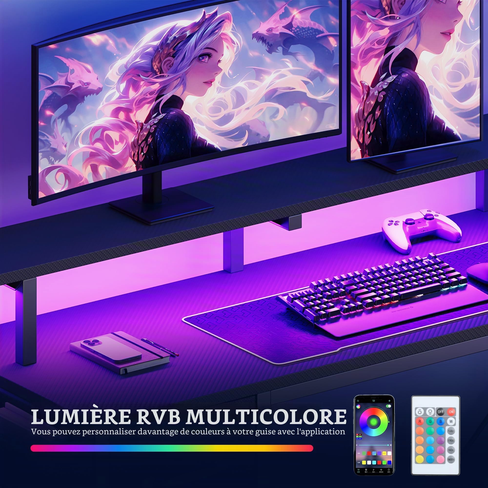 YITAHOME Bureau d'angle L LED USB Tiroirs Prises Support Ecran 137cm Noir