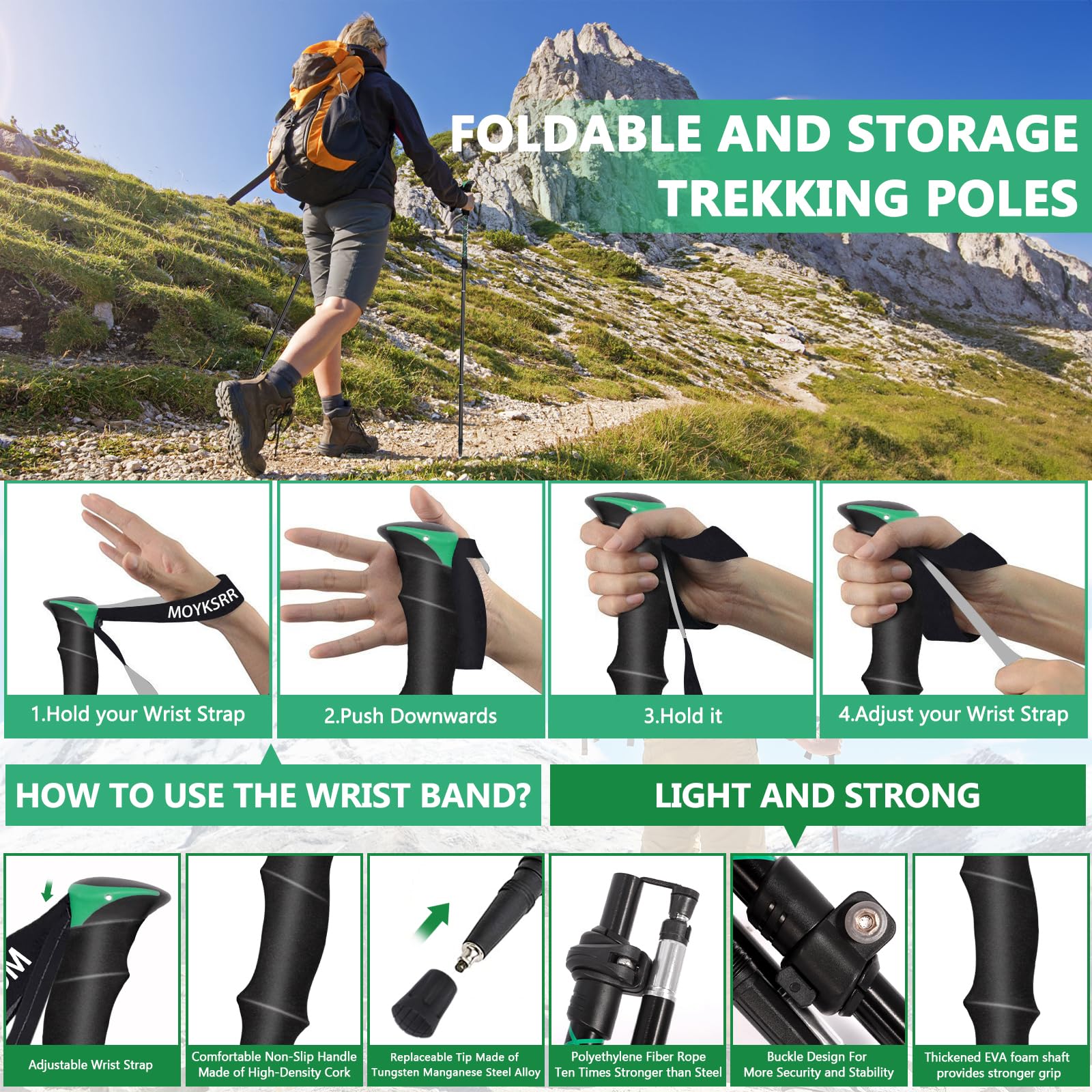 MOYKSRR Trekkingowe, teleskopowe kijka, kijki z włókna węglowego i aluminium, skladane, regulowane 108-135 cm, zamknięcie zaciskowe