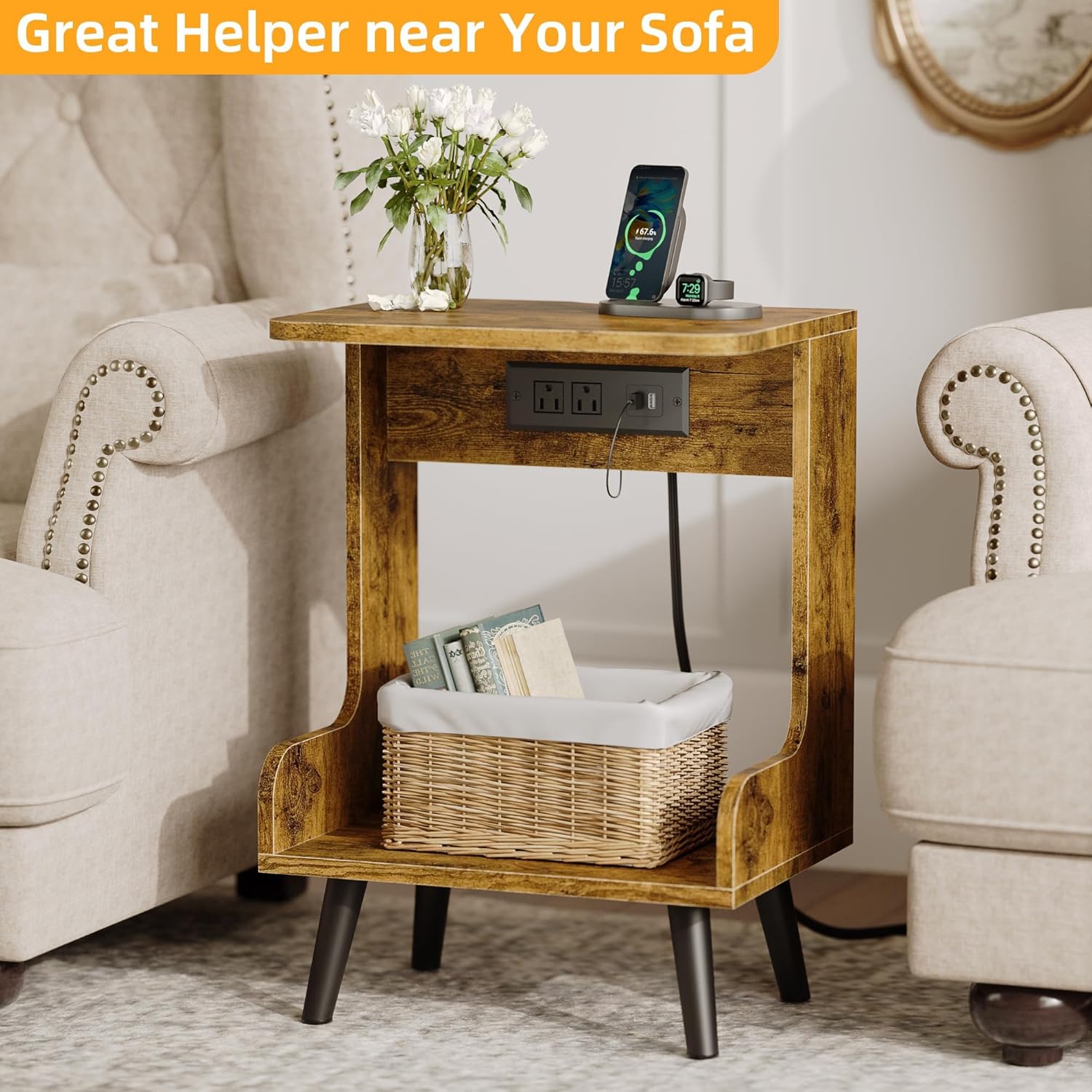 Rustic Brown Wood Nightstands with Charging Station, Set of 2