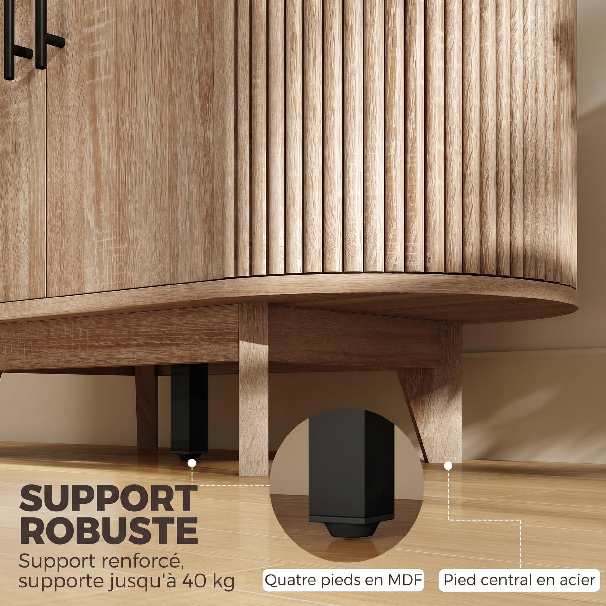 HOMCOM Buffet Salon, Meuble de Rangement Ovale avec 4 Portes et Étagère Réglable, 5 Pieds Stables, Style Moderne, Buffet Salle à Manger et Cuisine, 90x40x76cm, Chêne