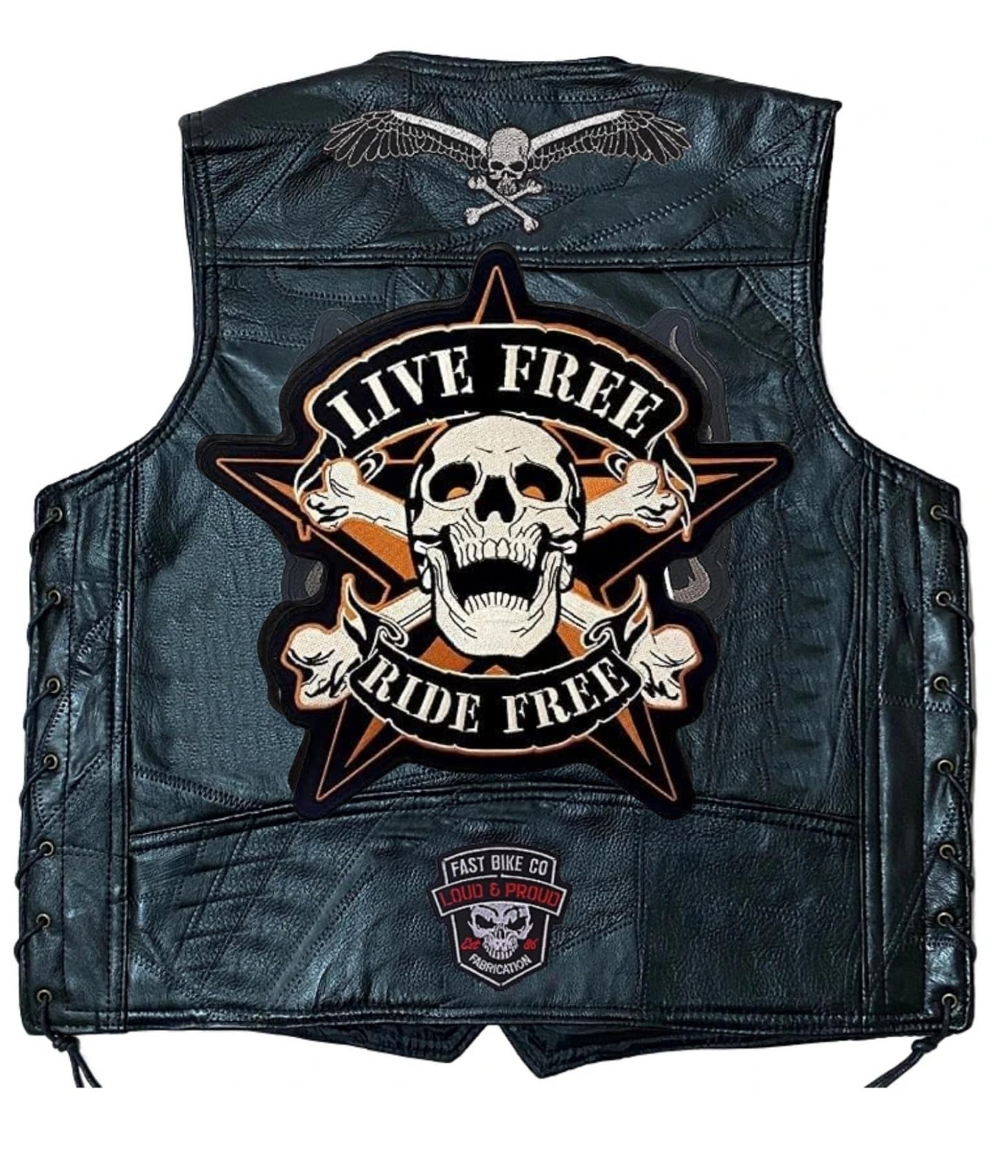 2 Aufnäher Totenkopf auf Stern "Live Free Ride Free" für Motorradjacke und Weste